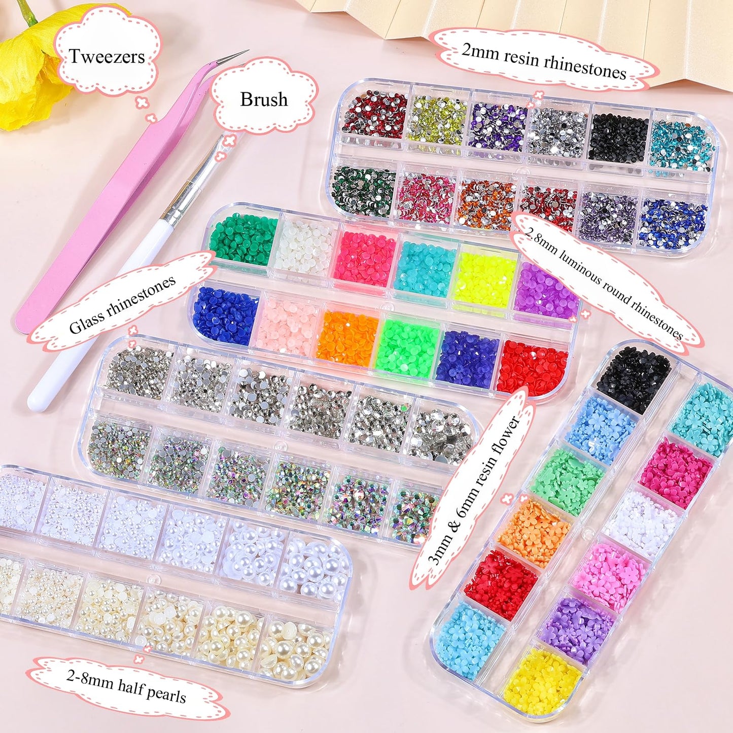 editTime 5 Boxes Shiny Colorful Nail Art Rhinestones Nail Stone Gems Design Kit and 4 sheets flower nail art stickers with a Curved Tweezers and a Nail Brush (6-rhinestones kit-3)
