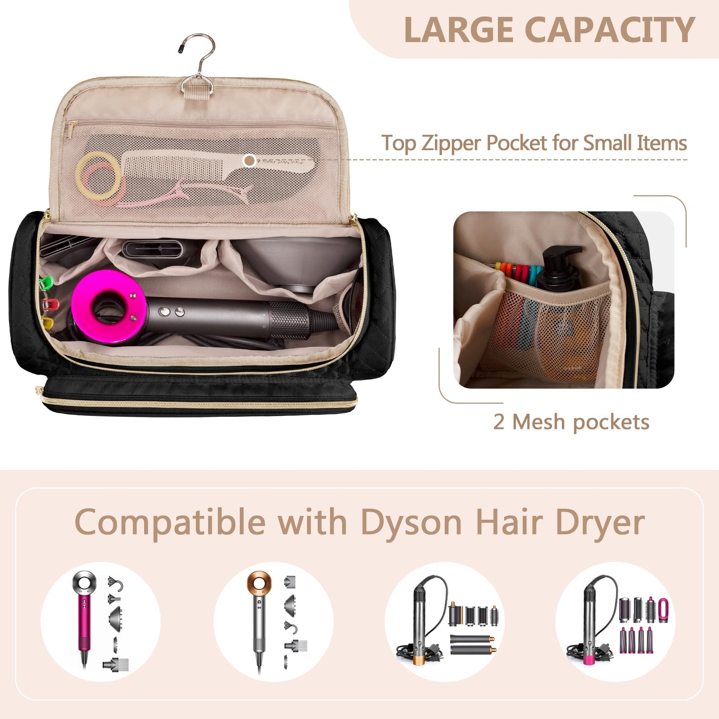 Fasrom Travel Case Compatible with Dyson Supersonic Hair Dryer and Attachments, Large Blow Dryer Storage Bag to Organize Hair Accessories for Home and Travel, Black (Patent Design, Empty Bag Only)