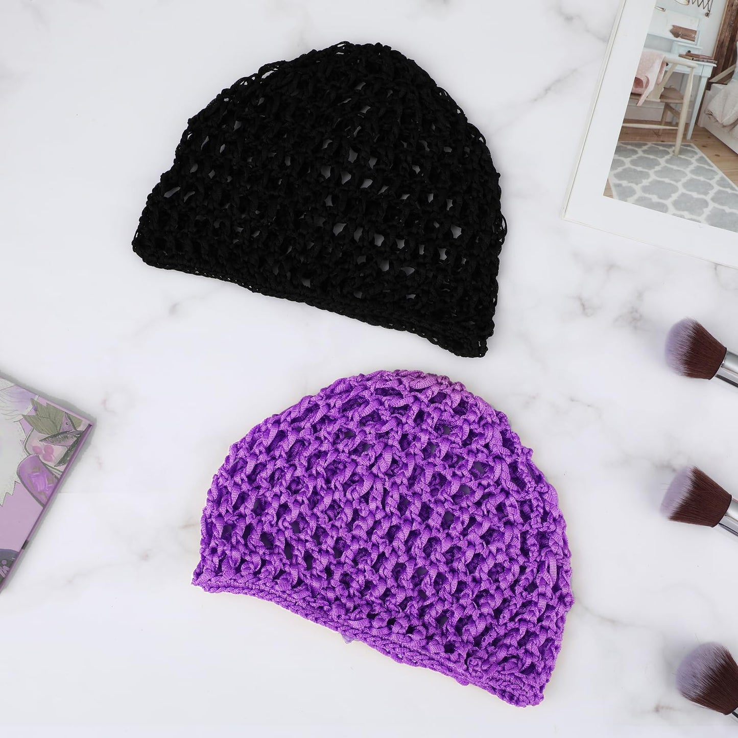 Hair Net for Women 2 PCS Sleeping Snood Wrap Press Sleep Crochet Cap Head Buns Hairnet Drying Long Hair Curly Caps Cover Hairnets Wig Mesh Scarf Wrapping Hair Cover for Sleeping Dark Purple/Black