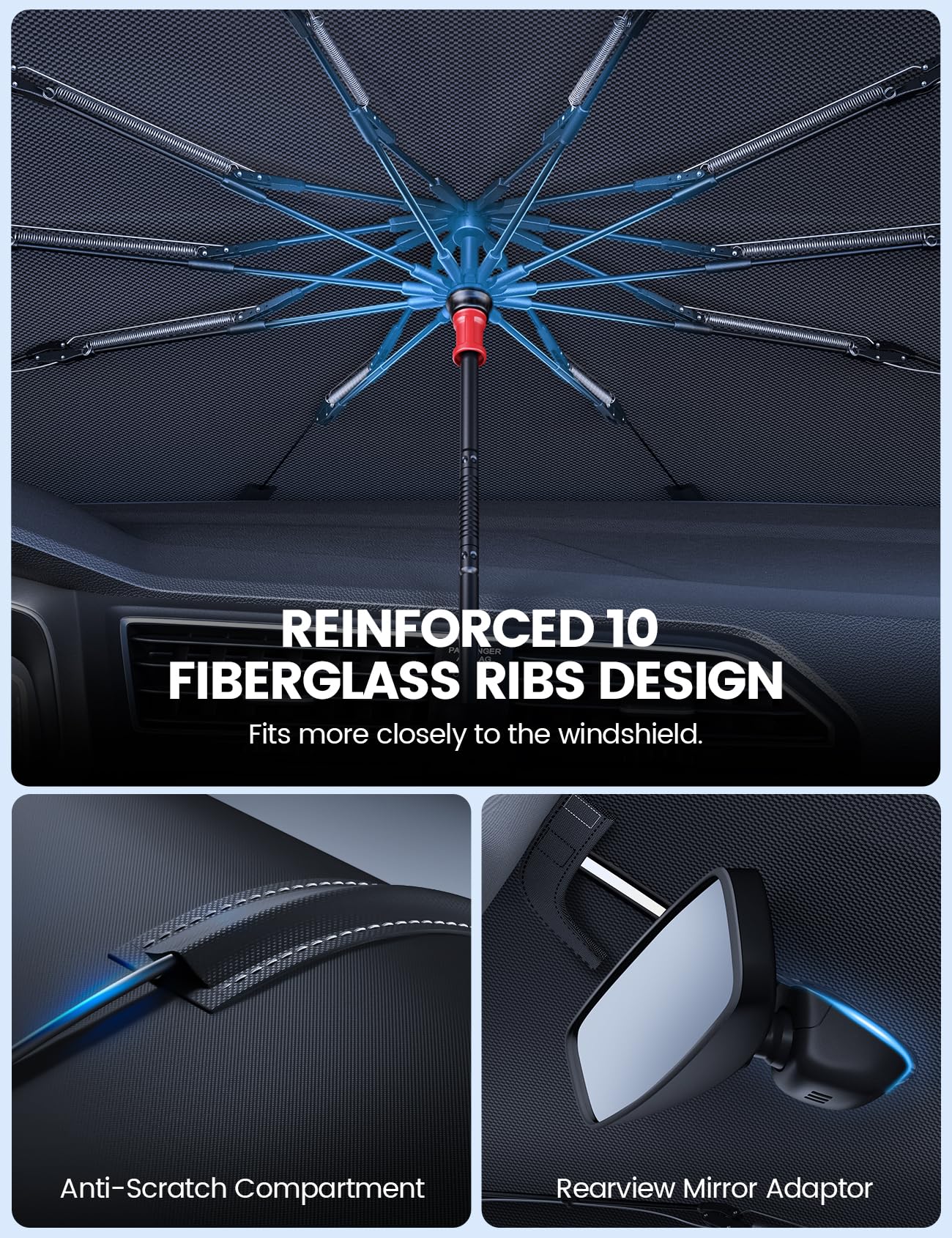 Aomiker Car Windshield Sun Shade Umbrella - [10 Fiberglass Ribs] Foldable Front Windshield Cover, Heat Insulation Protection, 5 Layers UV Block Coating, Wind Cover for SUV Auto Sedan (57"x32")