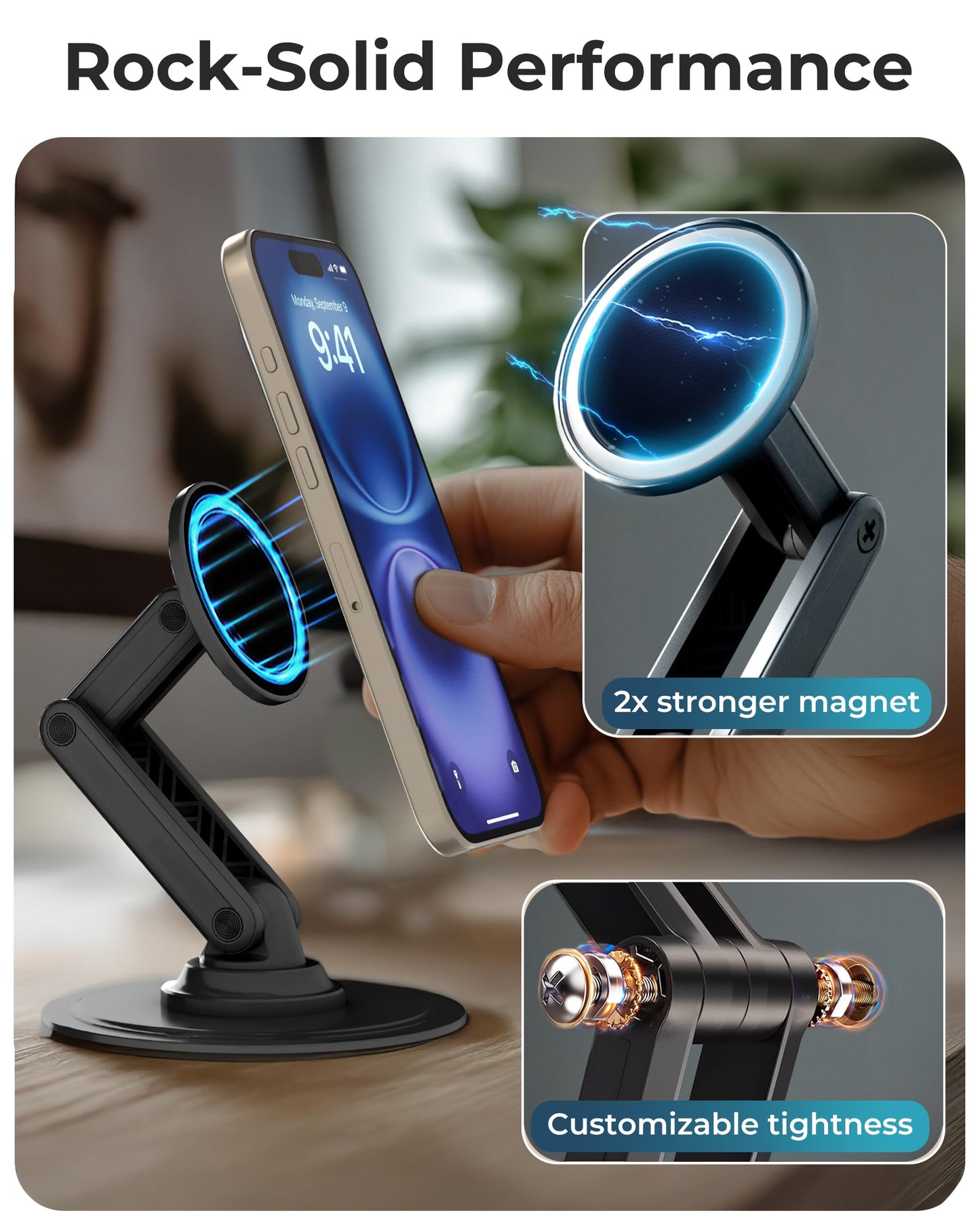 COOPER Magnetic Phone Stand for Desk, Mag360 Adjustable MagSafe Stand for iPhone 16 Pro Max, 15 14 13 12 & Plus | 360° MagSafe Phone Holder, Strong Magnetic Mag Safe, Foldable 3-Axis Leg (Black)