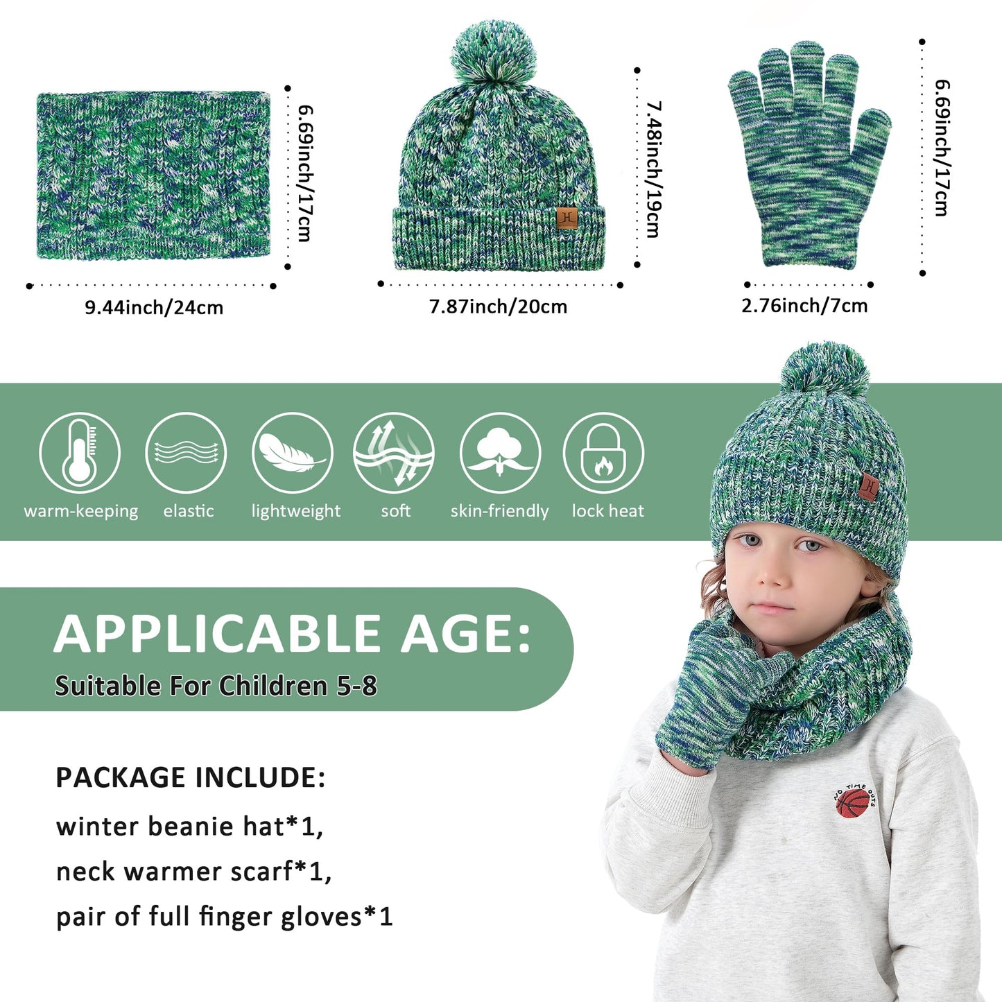 Kids Toddler Winter Hats Touchscreen Scarfs Gloves Set Pompom Beanie Caps Neck Warmer with Fleece for 5-8 Years Old Baby Girls Boys Gifts