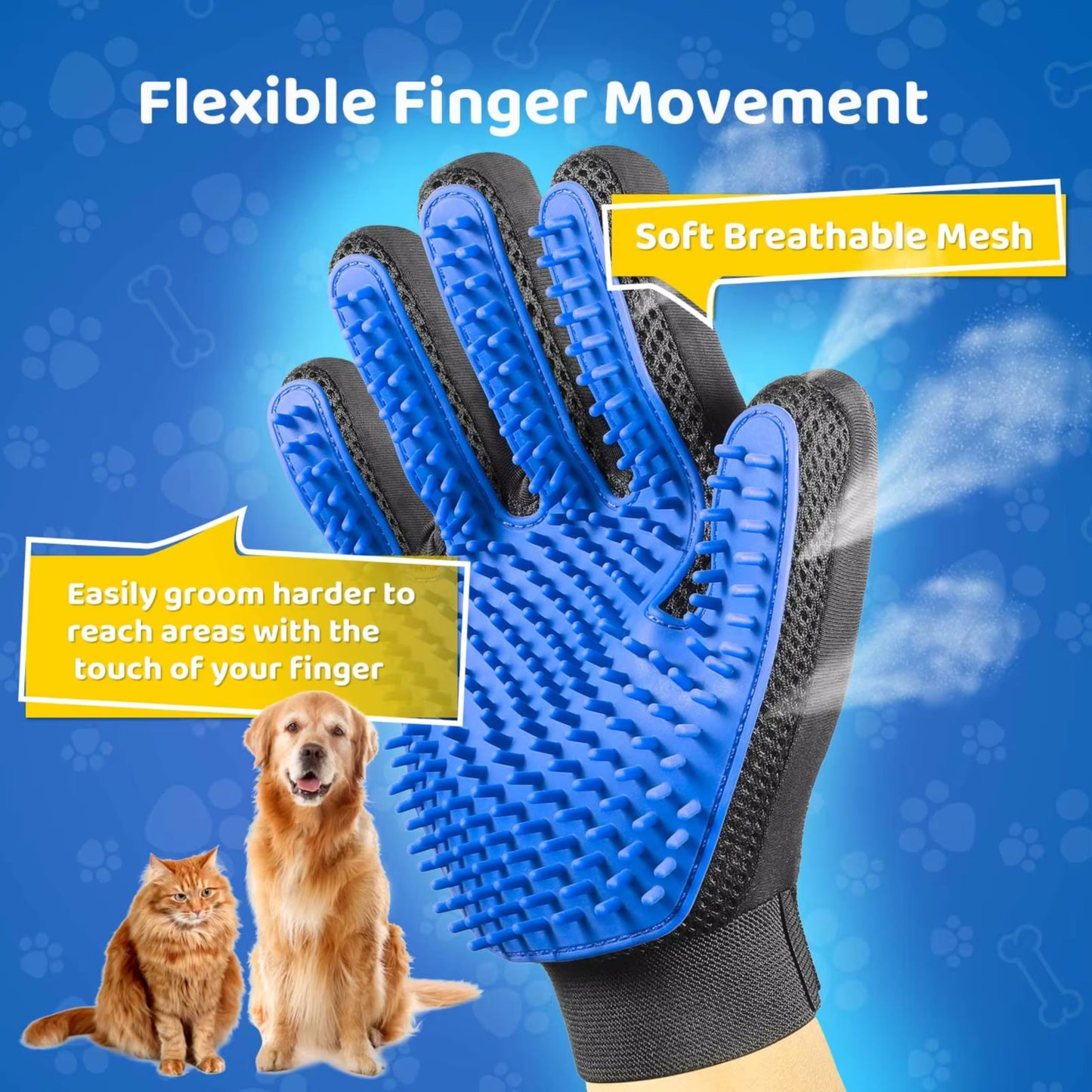 Clean Pet Hair Remover Glove Grooming & Massage Mitt with Enhanced Five-Finger Design, Gentle Deshedding for Dogs & Cats with Long or Short Fur, 1 Pack (Right-Hand), Blue