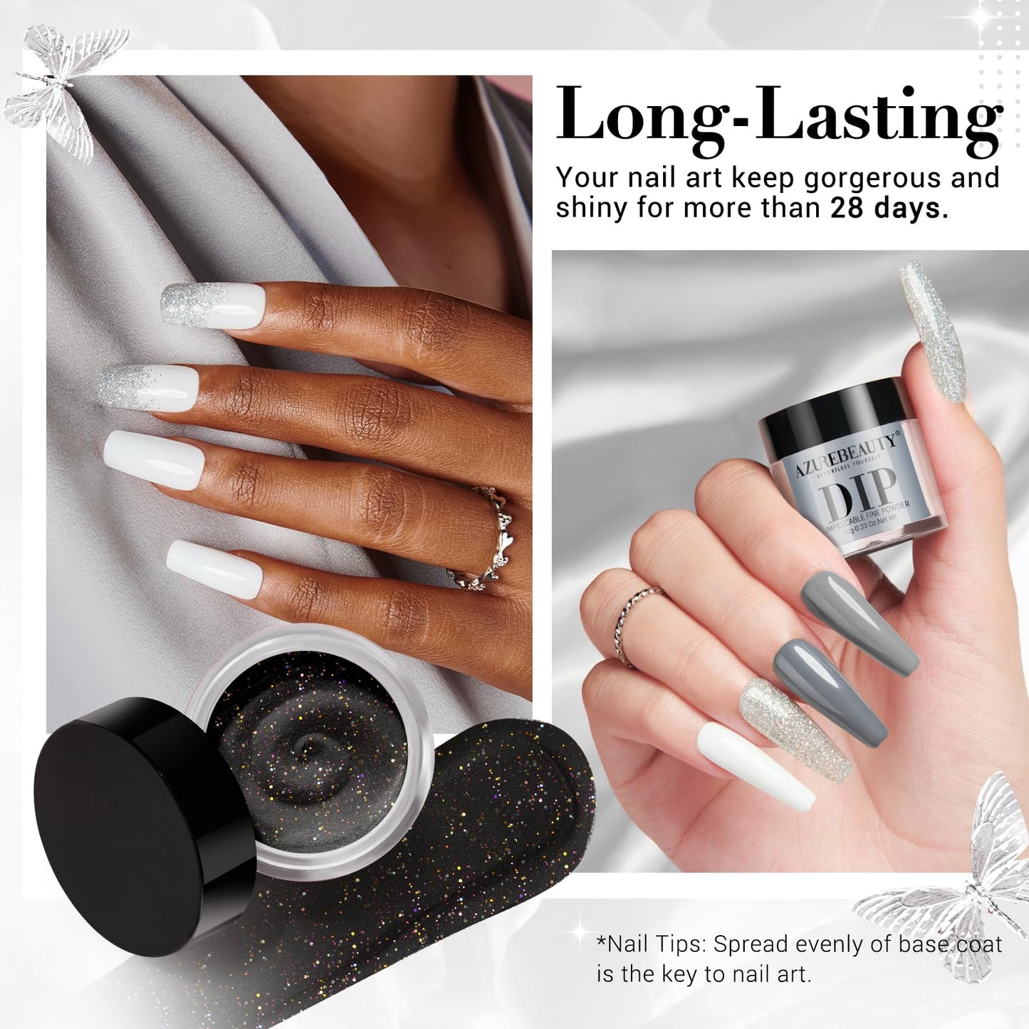 AZUREBEAUTY Dip Powder Nail Basic Set White Black Silver Grey Pure Sparkle 6 Colors All Seasons Dipping Powder Starter Kit French Nail Art Manicure DIY Salon for Women, No Need Nail Lamp Cured