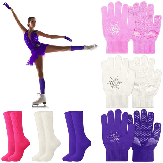 Hicarer 6 Pairs Figure Skating Gloves Socks Set Ice Skating Socks Anti Slip Gloves with Rhinestone Snowflakes Warm Winter Mitten Knit Gloves for Practice Competition (Purple, Skin Color, Pink)