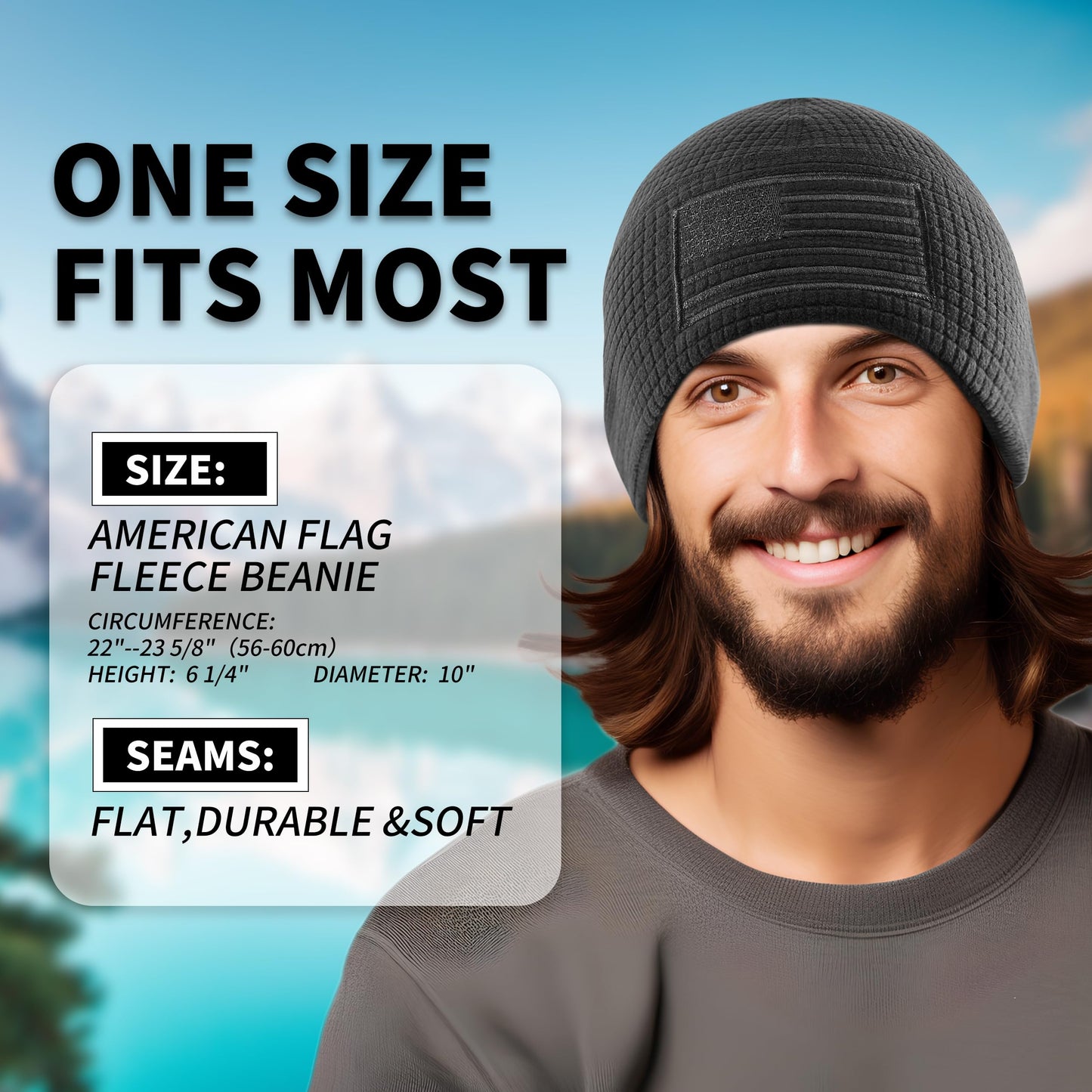 OUTDOOR SHAPING Grid Fleece Beanie with American Flag Embroidery Waffle Tactical Army Military Skull Cap Black