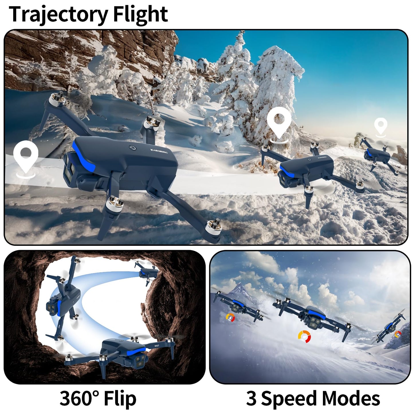 K417 Drone with 2 Cameras 1080P HD 90°Electric Adjustable FPV Drone Transmission,Blue LED Light Foldable Lightweight Remote Control Optical Flow Positioning Altitude Hold 3D Flip,for Adults Beginner