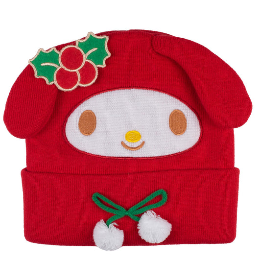 Hello Kitty’s My Melody Christmas Cuff 3D Beanie, Jacquard Knit with Embroidered Appliques, Red