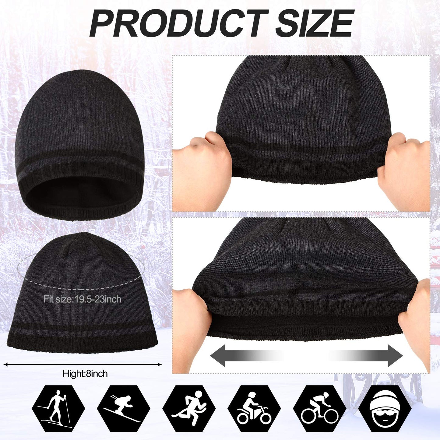 2 Pieces Winter Beanie Hat Men Knit Skull Cap Warm Knitted Watch Beanie Cap Ski Skull Cap Fleece Lined Beanie (Chic Style) (Classic Style) Black, Grey