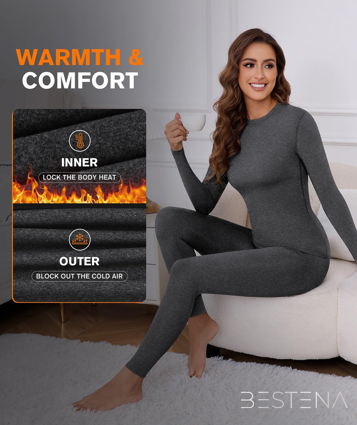 BESTENA Women’s Thermal Underwear Set, Fleece Lined Long Underwear, Warm Base Layer Top and Bottom for Cold Weather