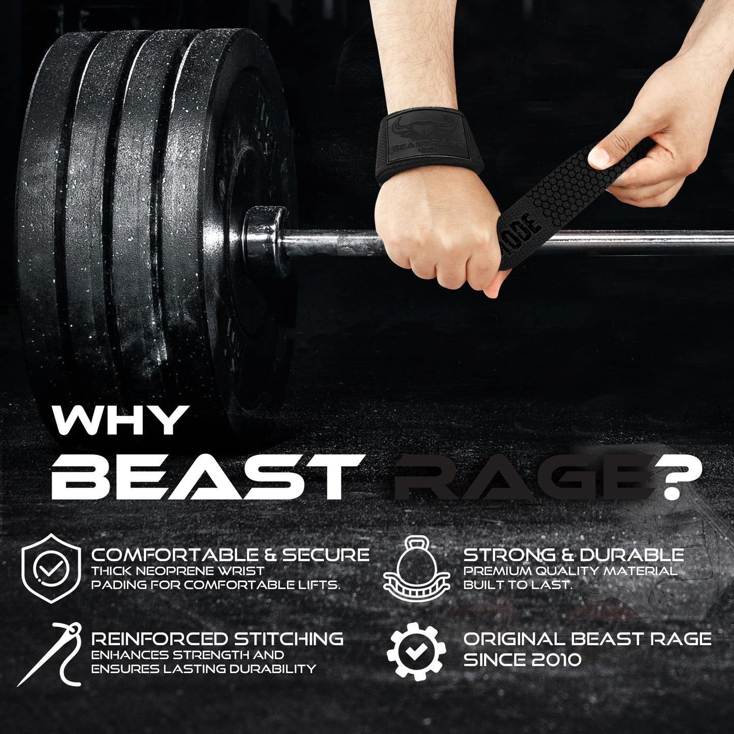 BEAST RAGE Lifting Straps for Weightlifting, Weight Lifting Straps Gym Power Workouts Lifting Wrist Straps Padded Cotton Men Women Support Lifters Deadlift Straps Hard Pull Exercise Straps (Black Gel)