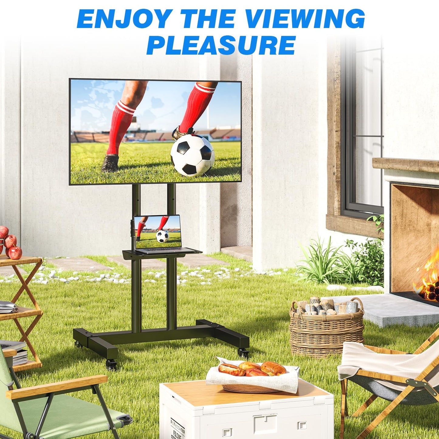 Rfiver Mobile TV Cart Rolling TV Stand for 32-83 Inch Screens up to 110lbs, Portable TV Stand on Wheels with Height Adjustable Shelf, Outdoor TV Stands Mount for Home Office MAX VESA 600x400mm, Black