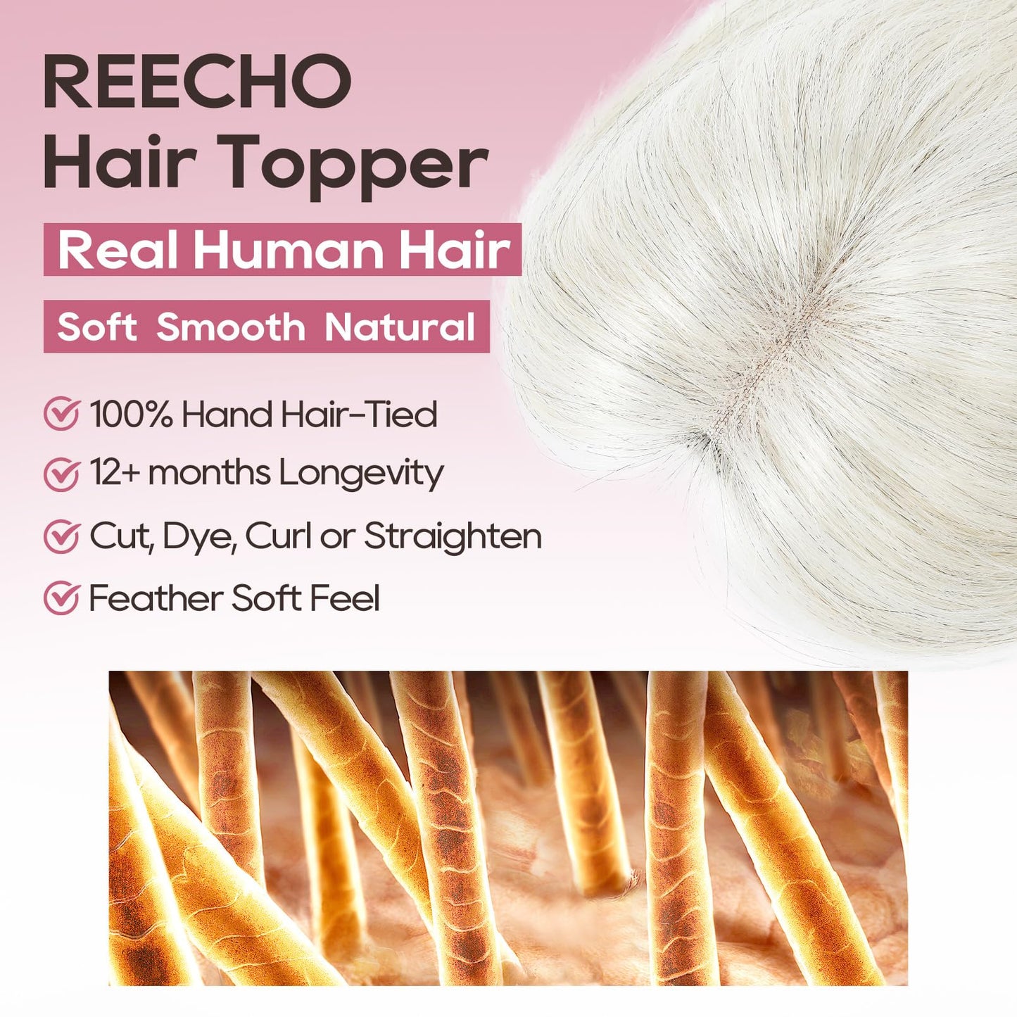 REECHO Real Human Hair Topper, 10 inch Women Hair Toppers for Thinning Hair, 100 Percent Human Hair Large Coverage Natural Hairpiece Wiglet, Standard Base 3.5"x2", Yellow White with Black Strands