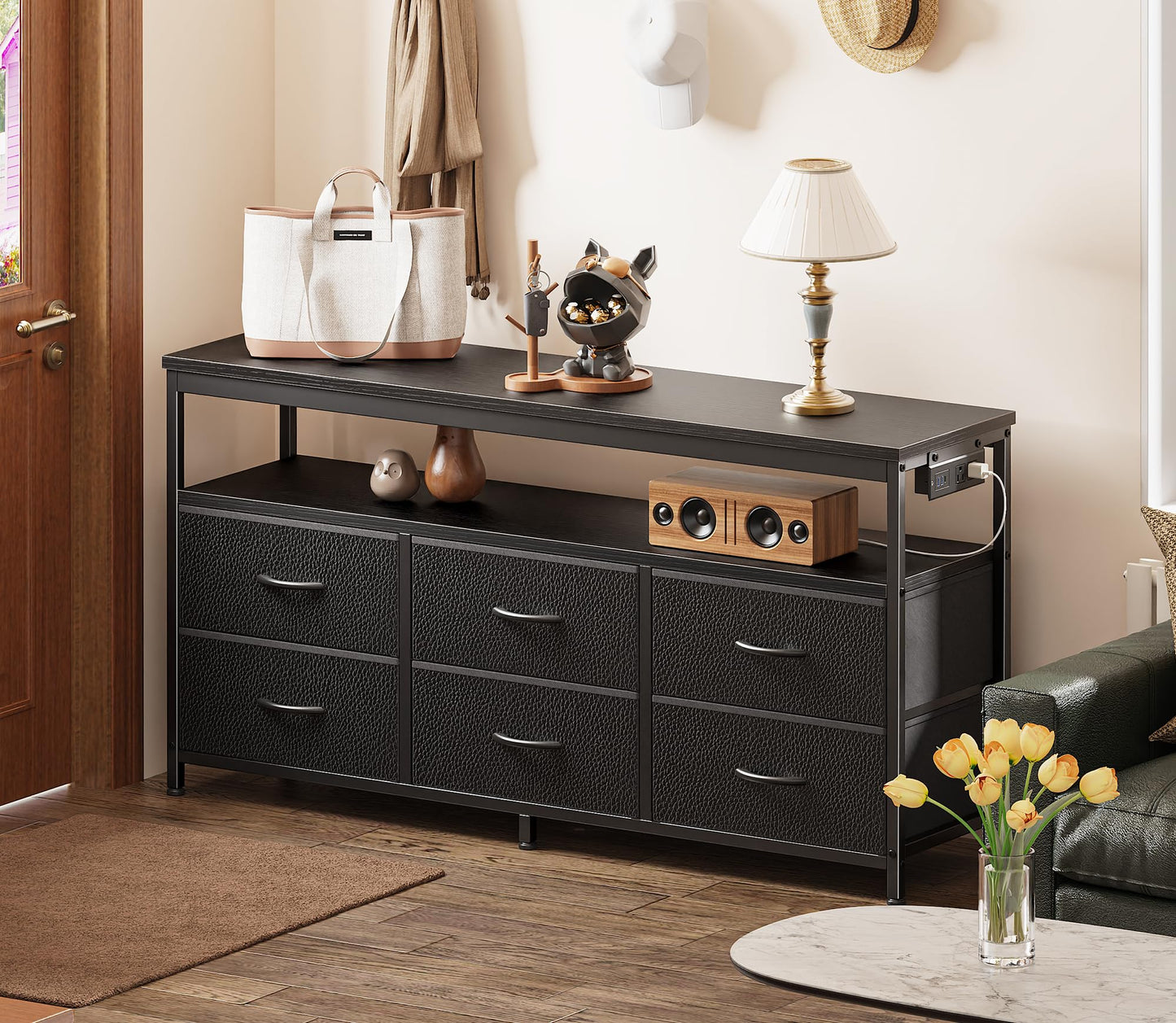 Huuger LED TV Stand for Bedroom, 47 Inch Dresser TV Stand for 43, 50, 55 Inch TV, Black TV Stand with Storage, Entertainment Center with Power Outlets, 6 Drawer Fabric Dresser for Living Room