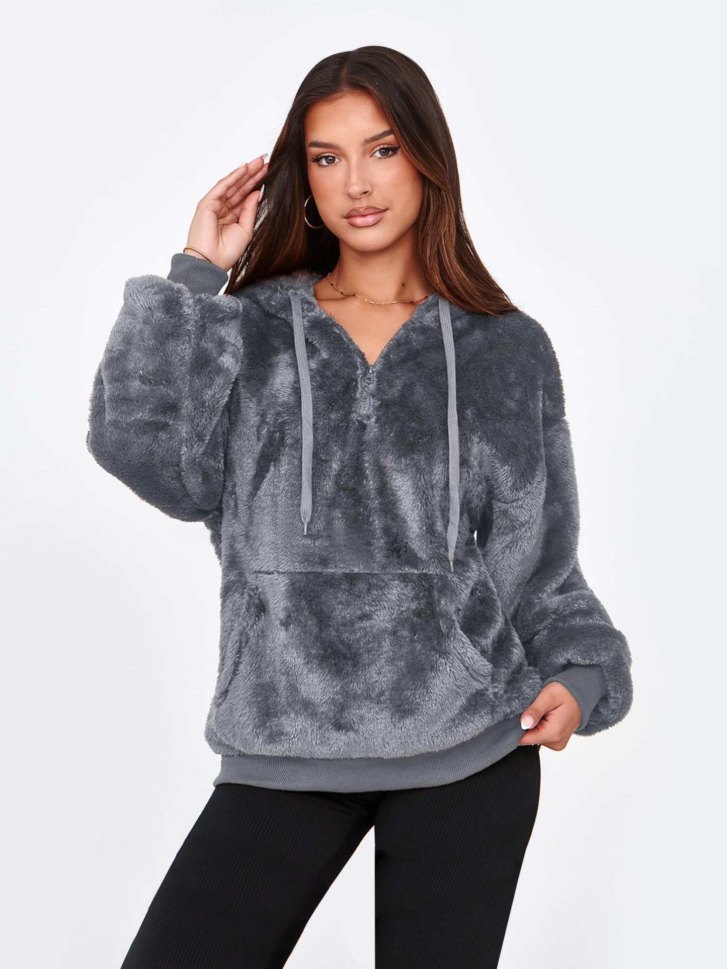 NIeyook Sherpa Fleece Hoodies for Women Fuzzy Oversized Zip up Hoodie with Pockets Casual Pullover Hooded Sweatshirt Dark Gray