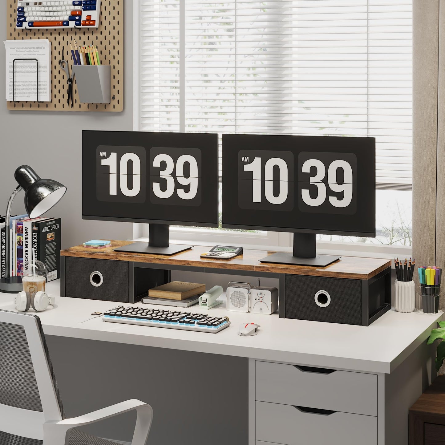 YAOHUOO 45" Large TV Riser with Fabric Drawers for 32-60 inch TV, TV Stand Riser with Steel Legs, Tabletop TV Riser Shelf, Monitor Stand Riser for Home Office, Rustic Brown