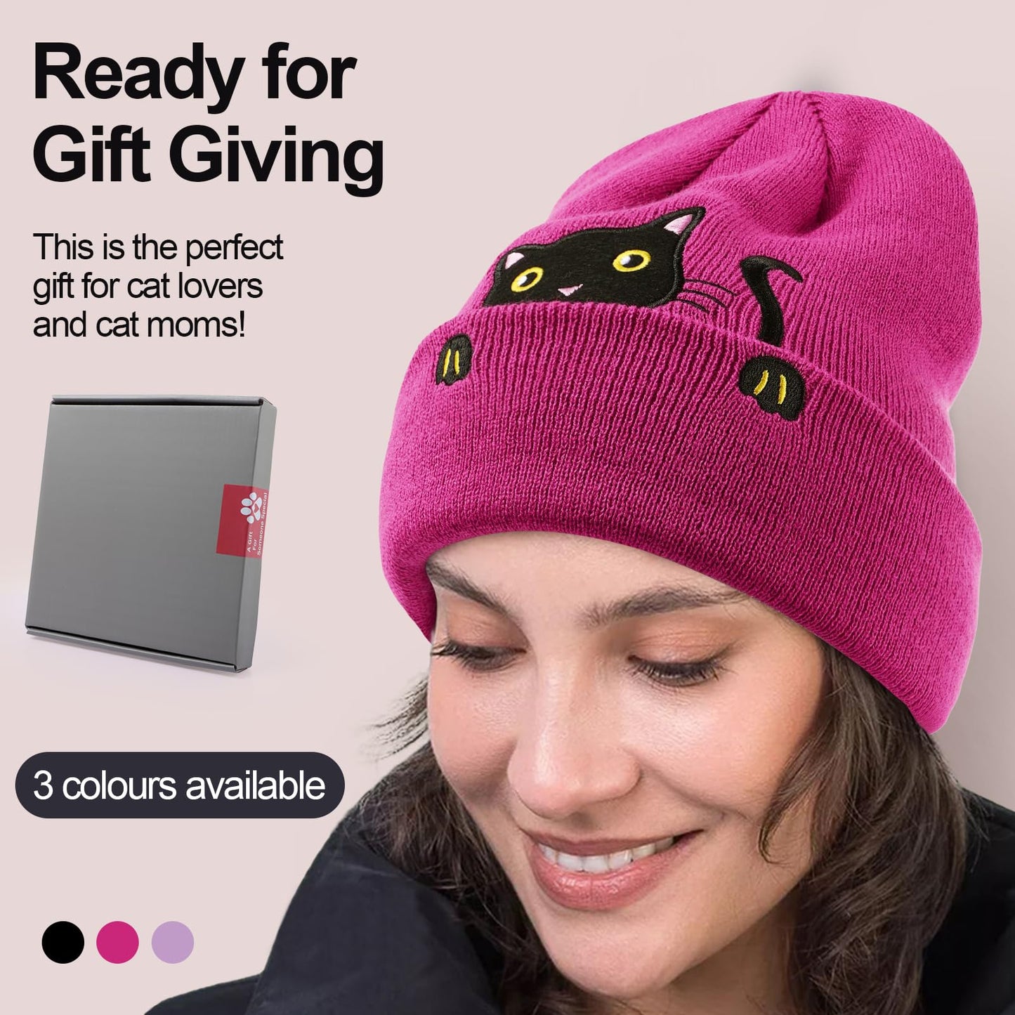 Women's Cat Beanie Knitted Winter Hats for Women Girls with Novelty Socks Cute Cat Lover Gifts Funny Cat Mom Gifts Hot Pink