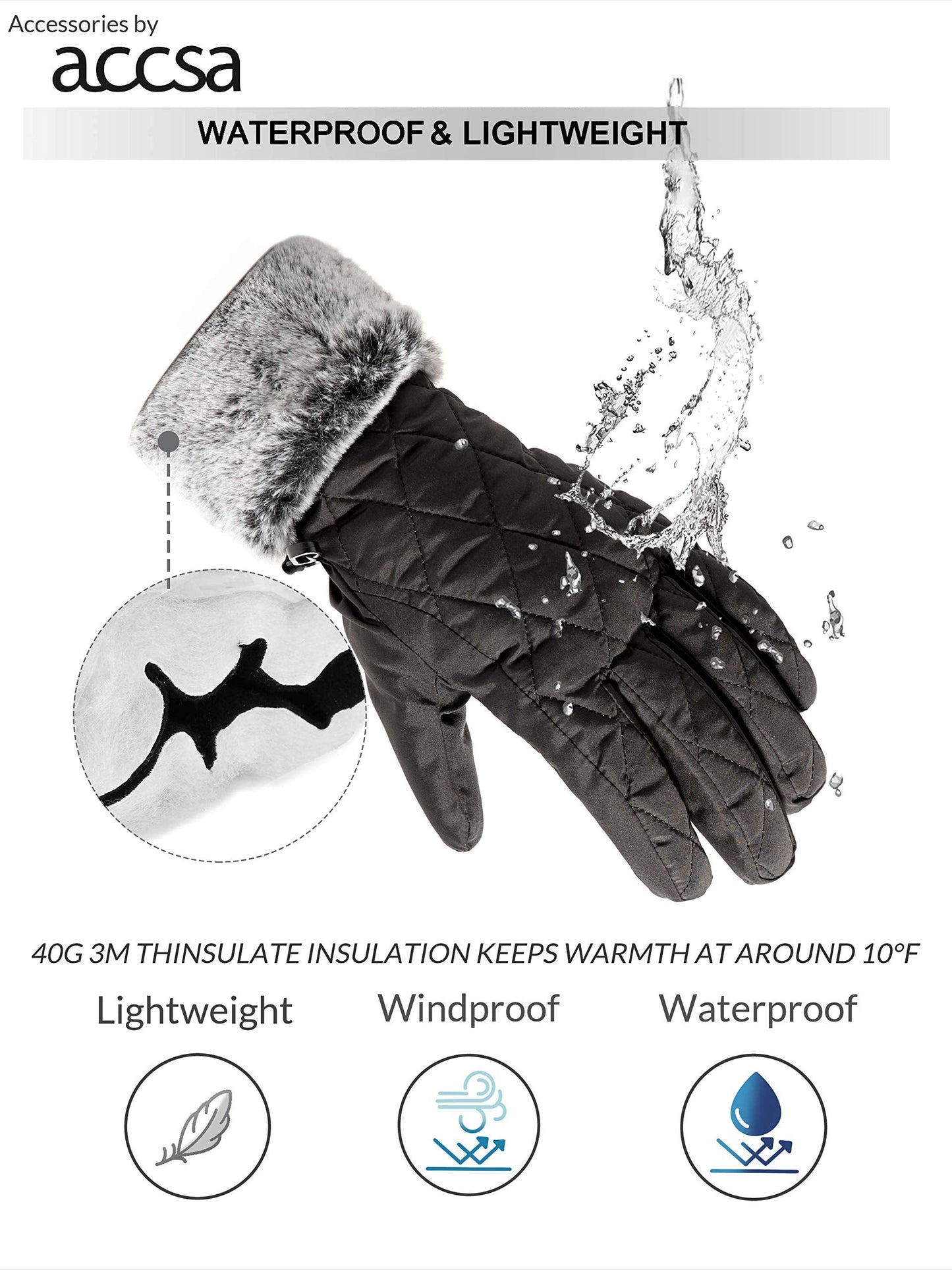 accsa Women Winter Ski Glove Waterproof 3M Thinsulate Warm Windproof Brown L