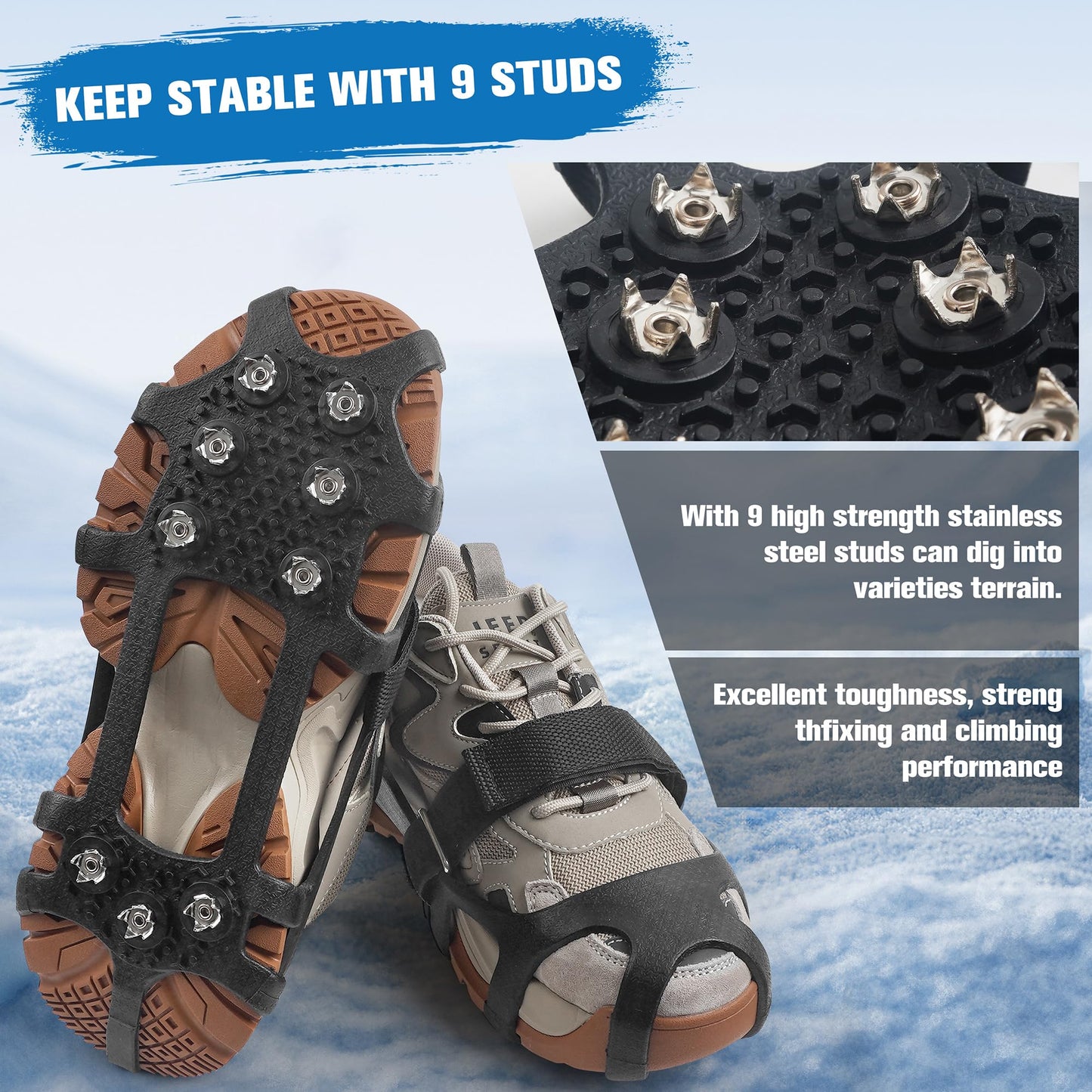 Walk Traction Ice Cleats, Anti-Skid Ice Snow Grips 9 Stainless Steel Studs Winter Crampons with Straps Over Shoe Boots for Hiking Climbing,Ice Fishing and Walking XLarge