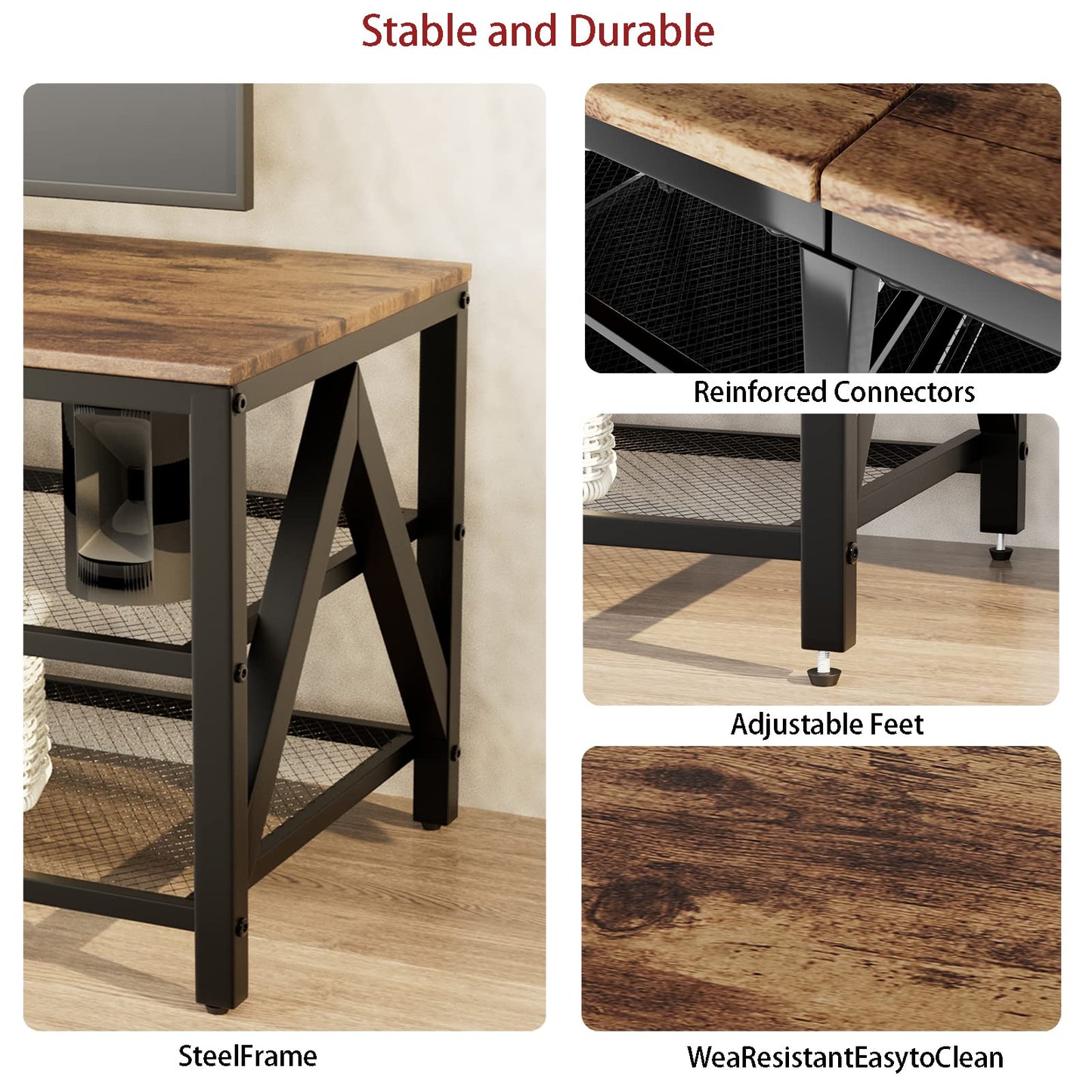 Katrawu TV Stand for TV up to 65 Inch, Long 55" TV Cabinet with 3-Tier Storage Shelves,Entertainment Center TV Console Table for Living Room with Industrial TV Metal Frame, Rustic Brown