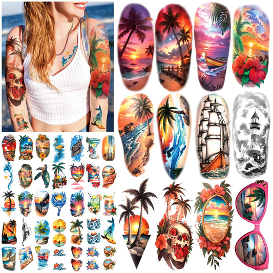 77 Sheets Temporary Tattoo for Women and Men, 17 Sheets Half Arm Beach Flower Skull Sunset Fake Tattoos, 60 Sheets Holiday Ocean Tiny for Adults Kids Body Tattoos Stickers Waterproof Realistic
