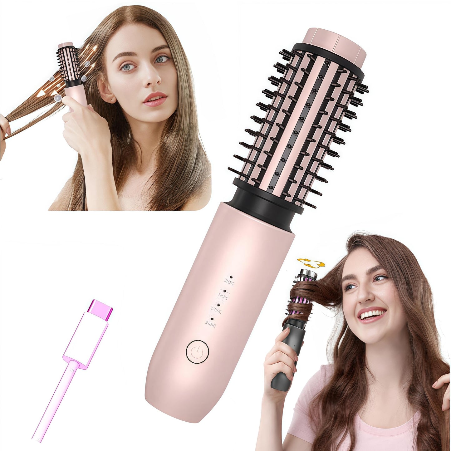 Satxtrem 2-in-1 Cordless Curling Iron & Straightener Brush,Heated Hair Styler with Needle Teeth Comb,USB-C Rechargeable,4 Temp,200M Ionic for Curls/Straightening/Smoothing (Women & Travel) (Pink Gold)