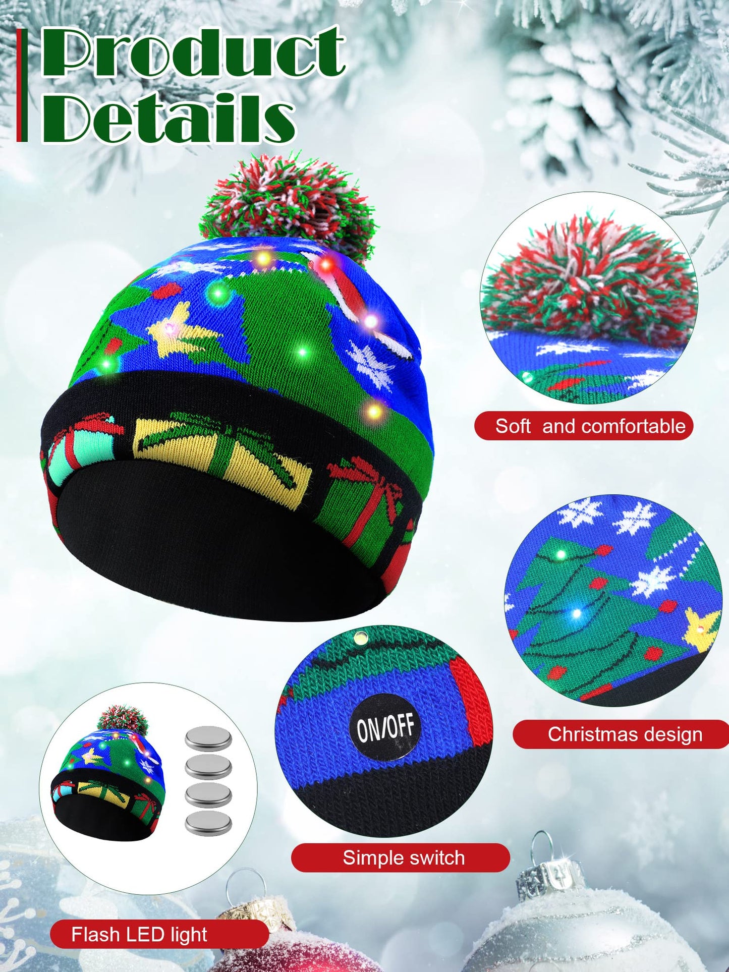 4 Pieces Led Christmas Knitted Hat Light up Xmas Beanie Cap Novelty Unisex Led Winter Snow Hat with 6 Colorful Led