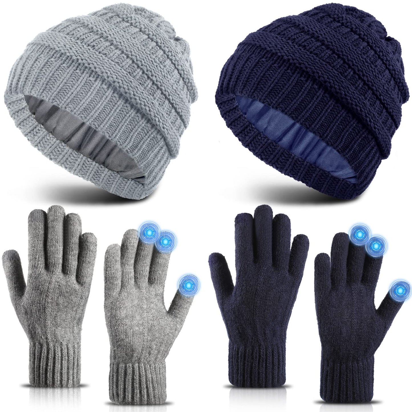 Winter Knit Beanie Hat Touchscreen Gloves Set, Soft Slouchy Skull Cap Gloves Set for Men Women Cycling Biking, 2 Sets (Navy Blue, Light Gray)