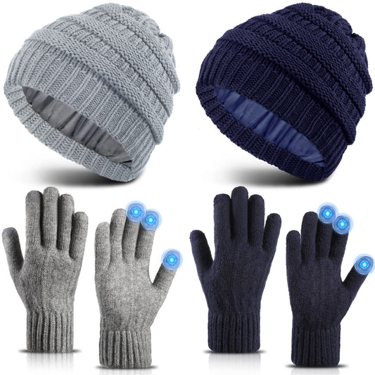Winter Knit Beanie Hat Touchscreen Gloves Set, Soft Slouchy Skull Cap Gloves Set for Men Women Cycling Biking, 2 Sets (Navy Blue, Light Gray)