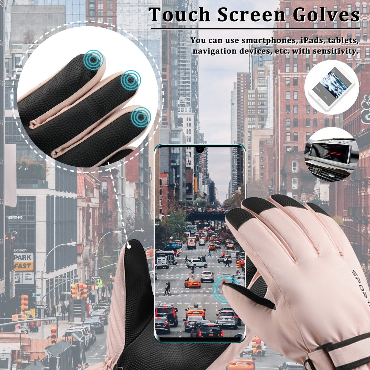 Andiker Women Winter Ski Gloves, Waterproof Touchscreen Anti-Slip Snowboard Gloves for Skiing Running and Cycling (Pink Black)