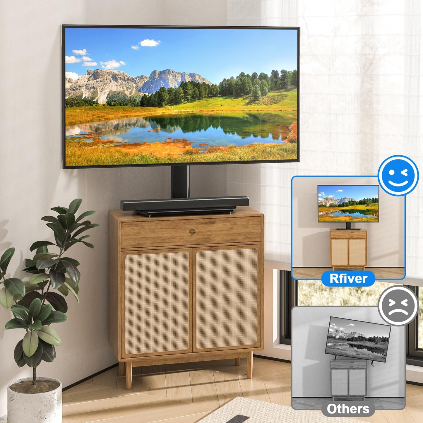 Rfiver Universal Swivel TV Stand for 27-50 55 60 Inch TVs, Height Adjustable Table Top TV Stand Mount Hold up to 88 lbs, Pedestal TV Stands with Tempered Glass Base, Replacement TV Mount Stand