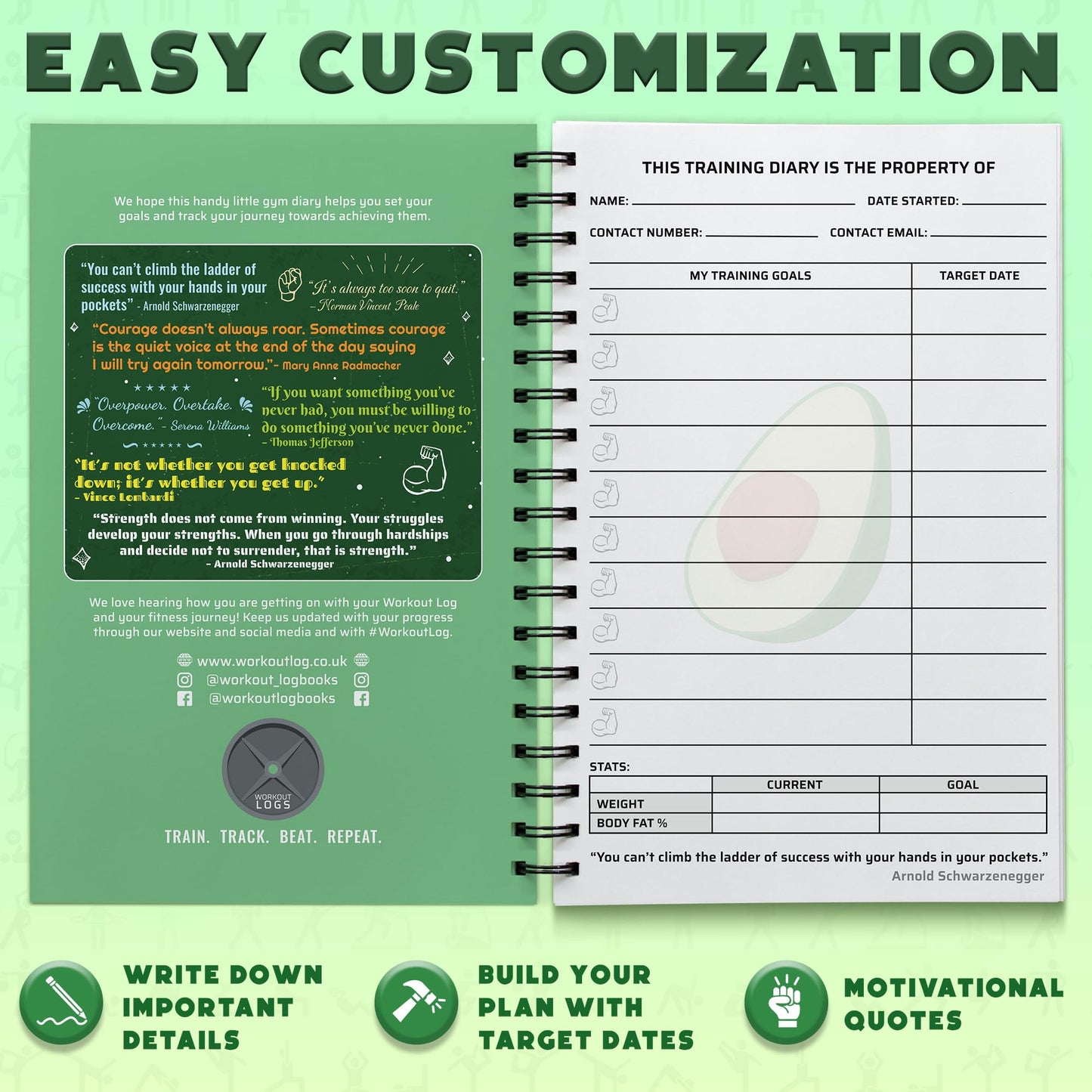 Workout Planner for Daily Fitness Tracking & Goals Setting (A5 Size, 6” x 8”, Avo Green), Men & Women Personal Home & Gym Training Diary, Log Book Journal for Weight Loss by Workout Log Gym