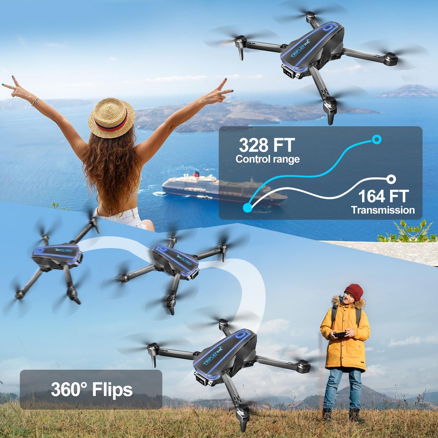 TRIPLEFINE TF770 Drone-with-Camera 1080P, 2 Batteries 25 Mins Flight Time, Kids-Drone Gestures Selfie, Voice Control, One Key Off/Land, 3D Flips, Drones-for-Kids 8-12, Adults, Beginners