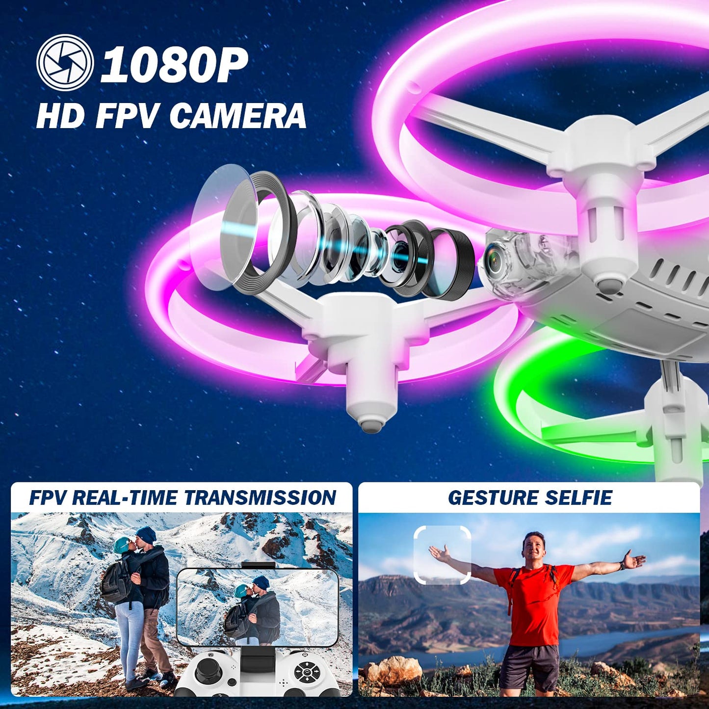 Q9C RC Drone with 720P HD FPV Camera for Kids Cool Toys Gift for Boys Girls Teenage with LED Light,Propeller Full Protect,Hobby Quadcopter with Altitude Hold,2 Batteries and Remote Control,Easy to Fly