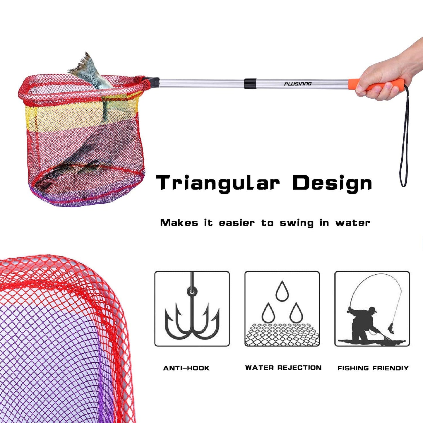 PLUSINNO Kids Fishing Net, Telescopic Lightweight Landing Net with Aluminum Pole Handle and Nylon Mesh, Catch and Release Net for Kids Youth Outdoor