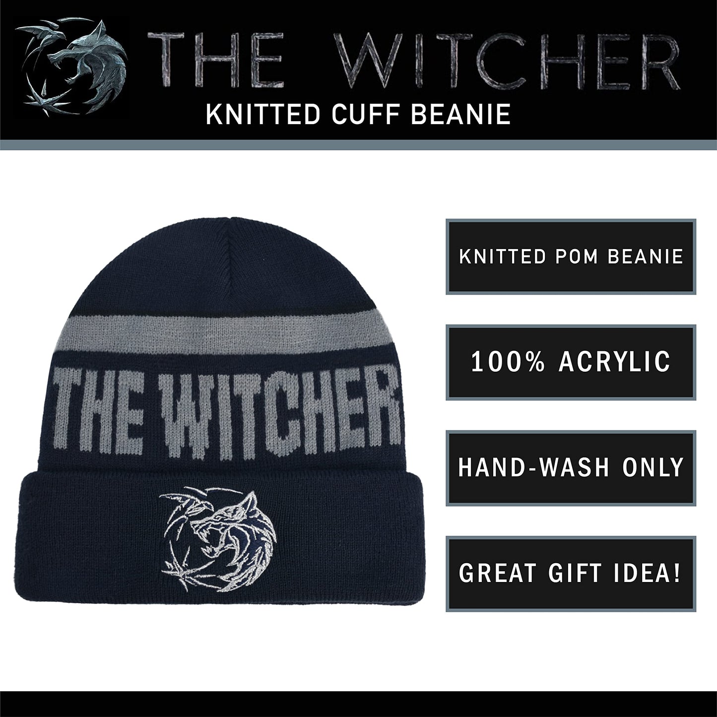 Netflix The Witcher Knitted Cuff Beanie Hat with Silver Logo, Black, One Size