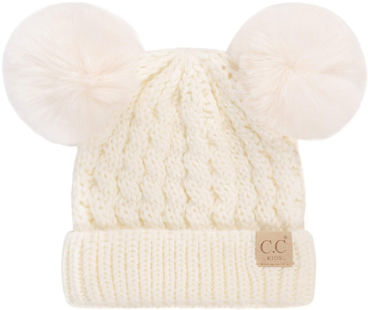 Funky Junque Double Pom-Pom Kids Beanie, Double Pom Pom Beanie Toddler 100% Acrylic Material, Soft and Warm, Toddler Winter Clothes Toddler Girl Winter Hat (Ivory - Ivory Faux Fur Pom)
