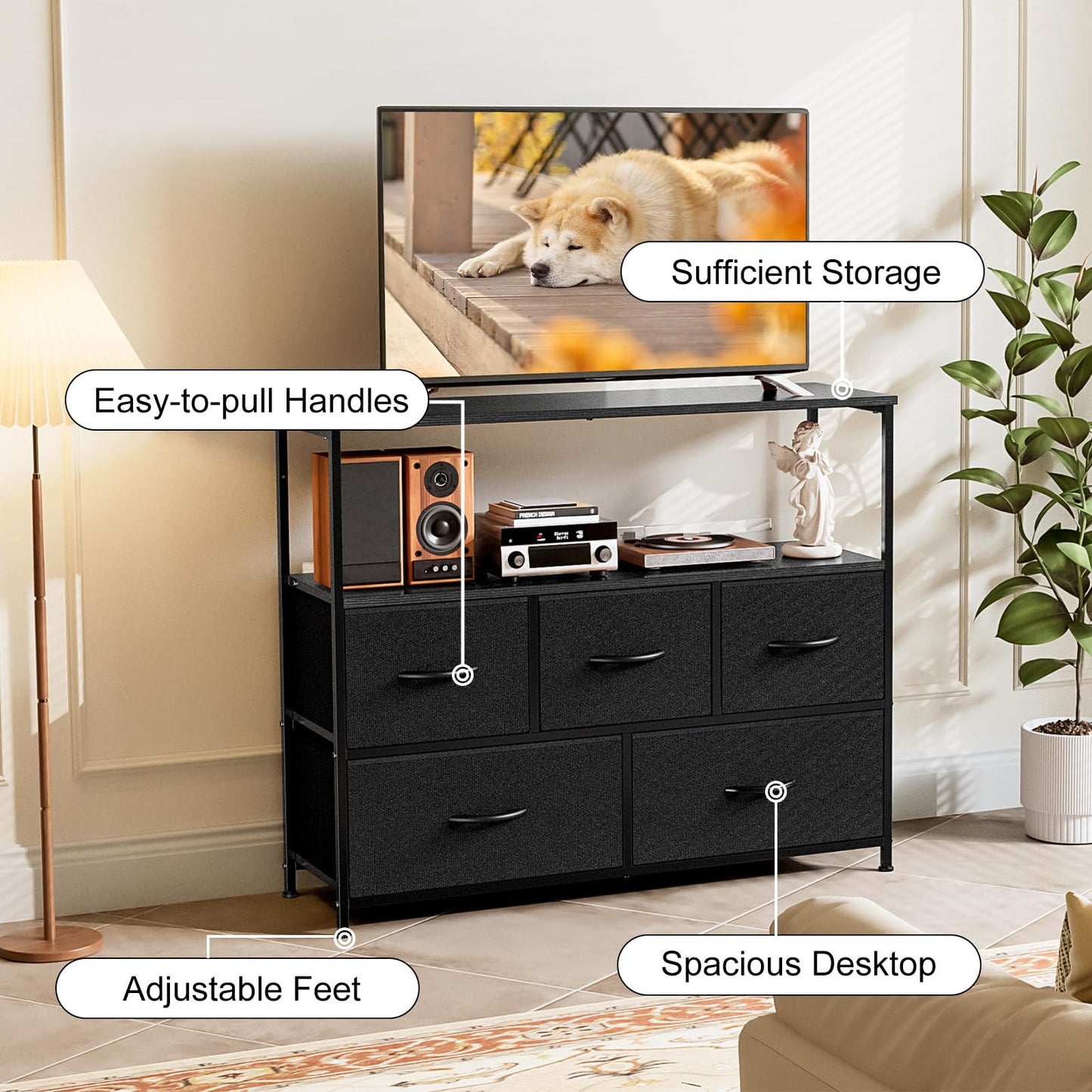 Sweetcrispy 5 Fabric Drawer Dresser TV Stand for Bedroom, Entertainment Center for 45 Inch TV with Storage Drawer Unit, Open Shelf, Adjustable Feet, Living Room, Black