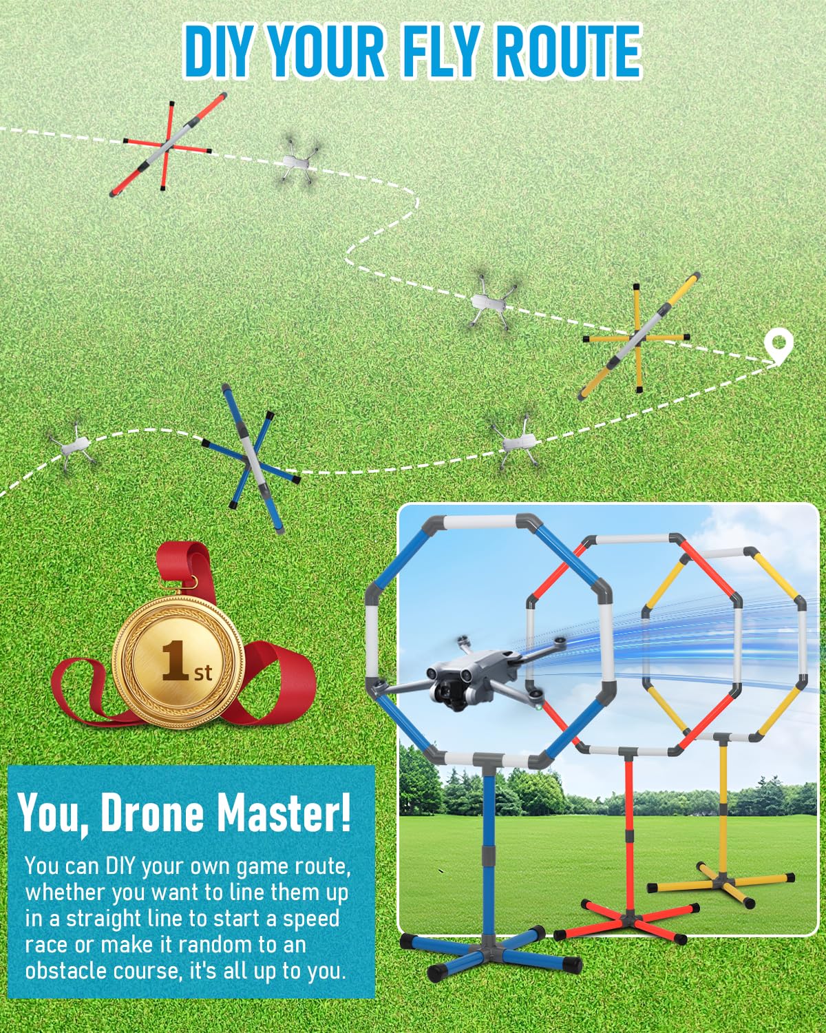 Drone Obstacle Course Kit, Includes 3 Different Hoop Sizes, Professional RC FPV Racing Training Set for Kids & Adults, Portable Game Loop Gate System with Separate Storage Bag