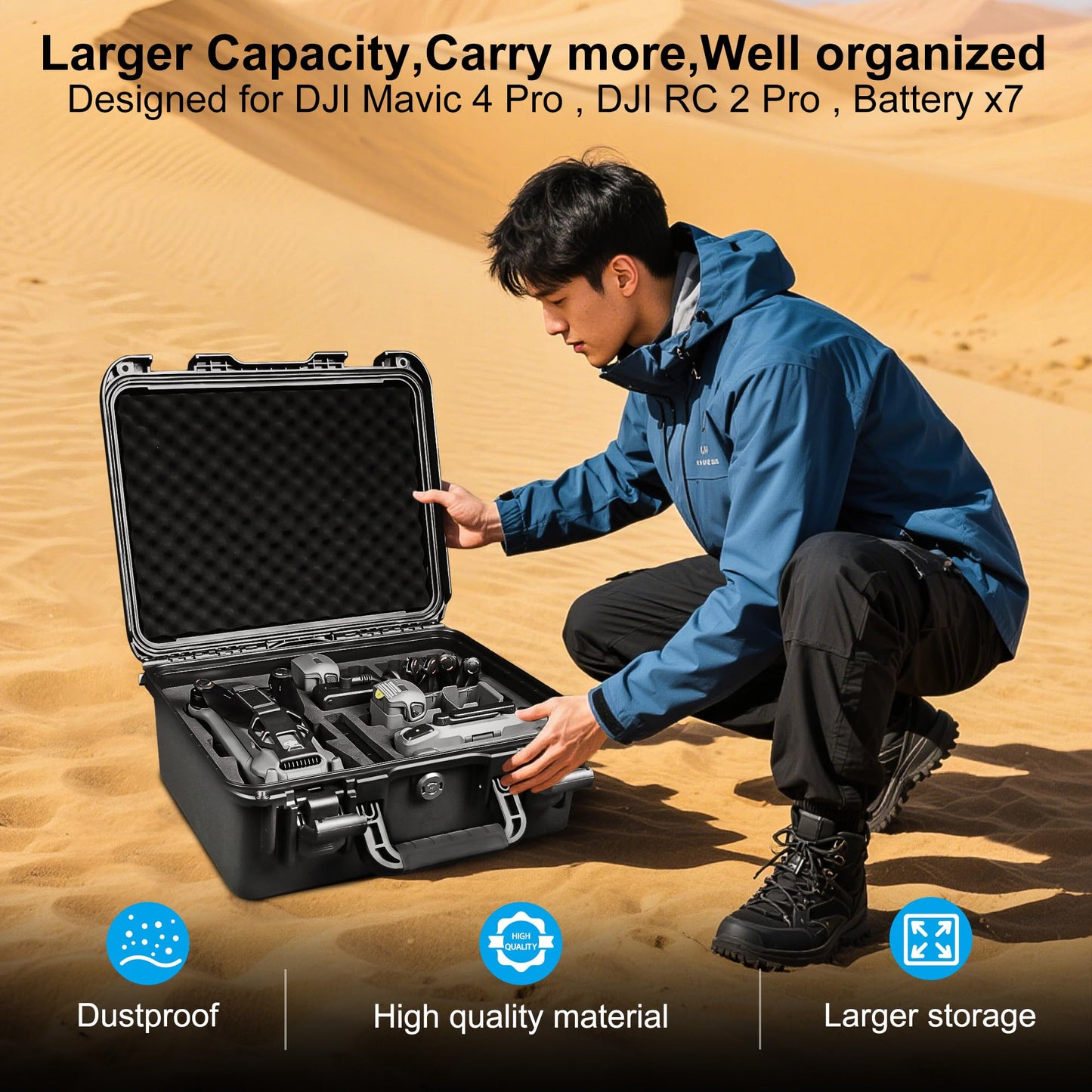 Lekufee Waterproof Hard Carrying Case for DJI Mavic 4 Pro Drone, Creator Combo, Fly More Combo, DJI RC Pro 2/RC 2, Battery (7 pcs), Charging Hub, and other Accessories(Case Only)