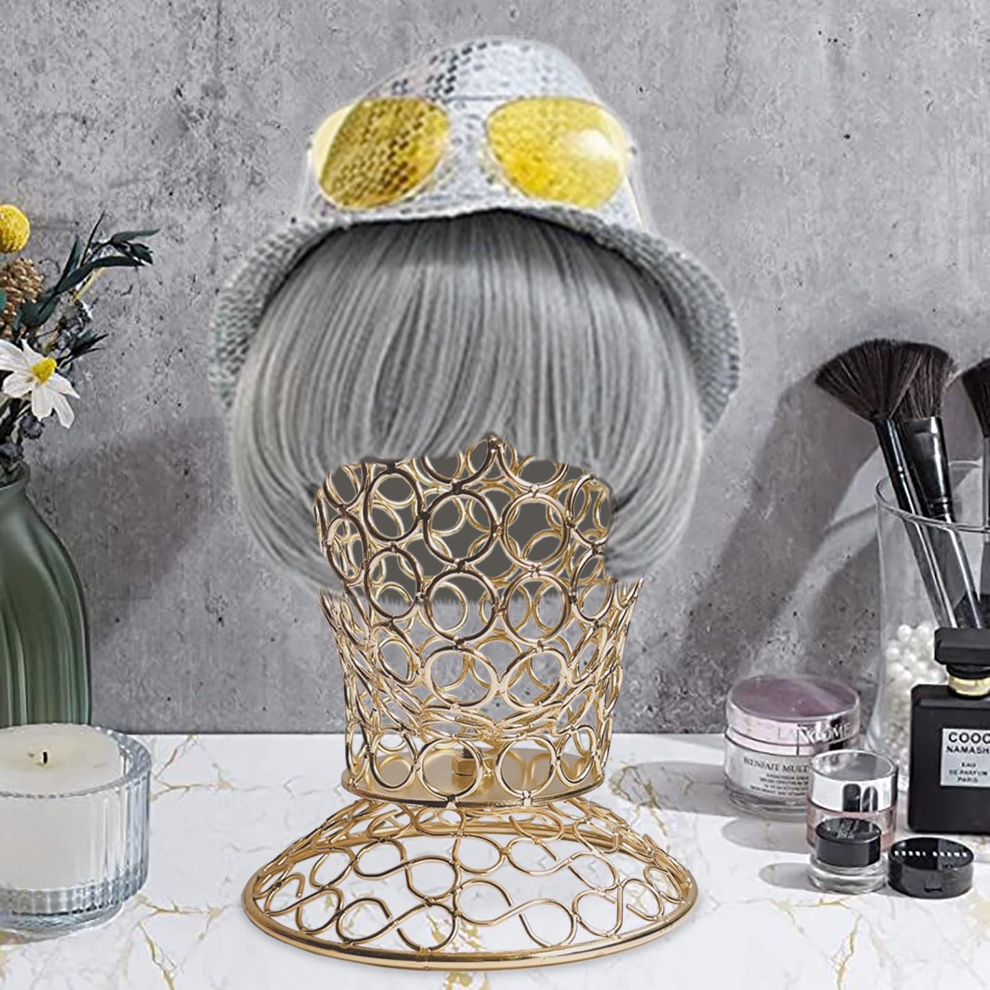 CHADWICK Wall Mount Hat Stand - Metal Hollow Mannequin Head Stand, Hanging Wig Holder 21Inch, Drying and Storage Organizer Rack, Display for Wigs, Caps, Earrings - Chrome Gold