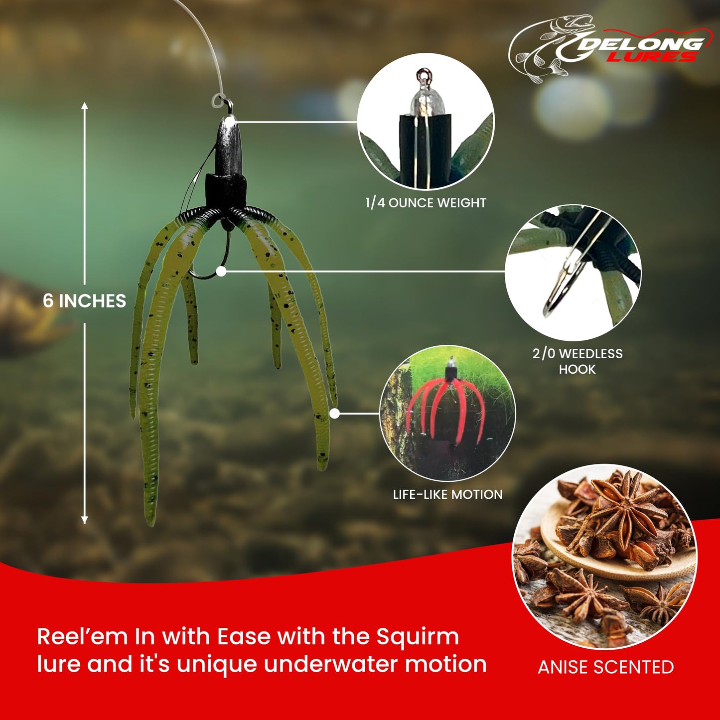 Delong Lures - The Squirm Fishing Lures - Ultimate Bass Fishing Kit, Weighted Fishing Jigs for Freshwater and Saltwater Fishing, Large Swimbait Fishing Lures - Made in USA (Green Pumpkin)