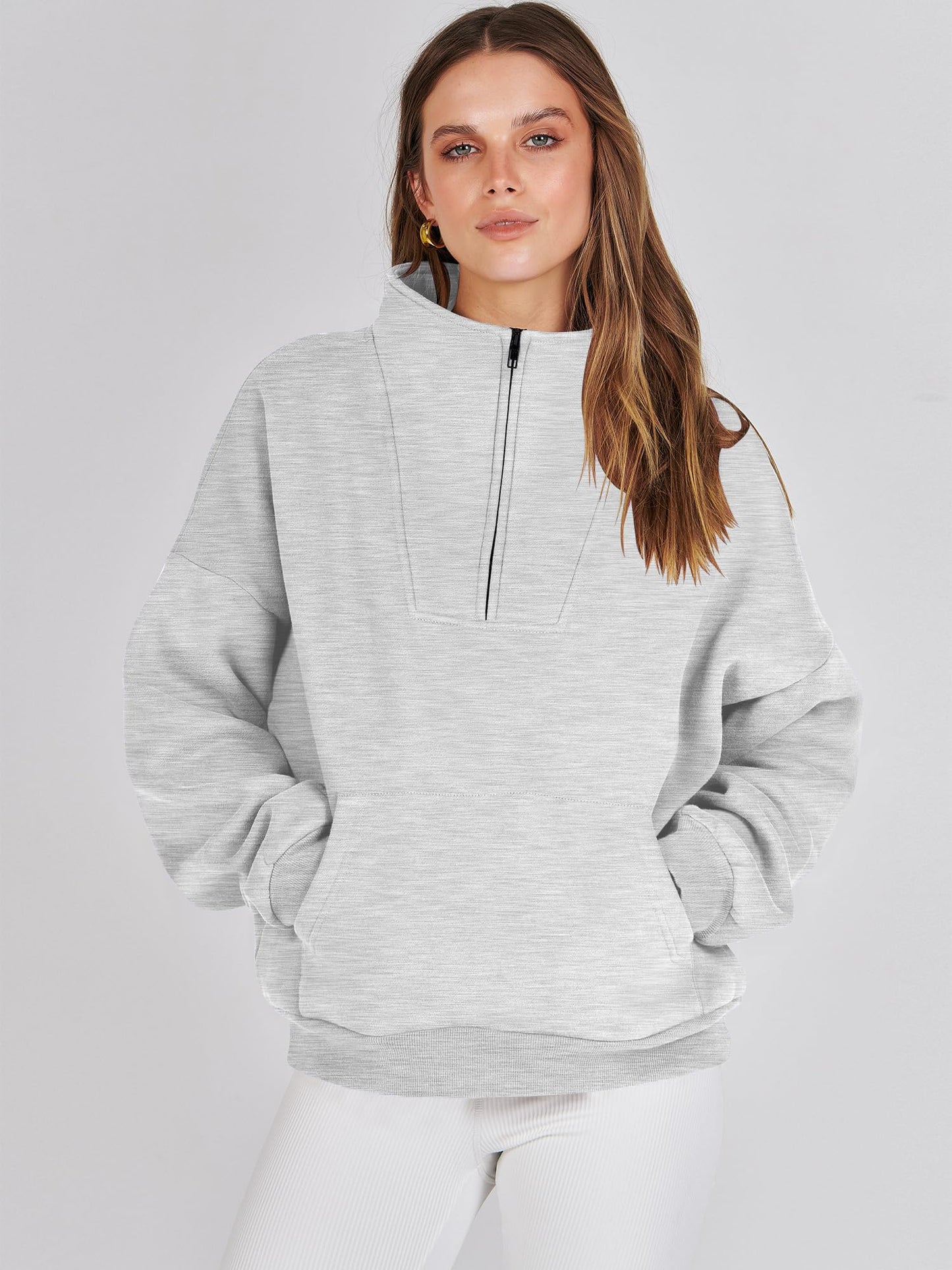 ANRABESS Womens Half Zip Sweatshirts Oversized Crop Pullover 2024 Winter Y2K Fleece Hoodie Sweater Teen Girls Fall Clothes Light Gray Large