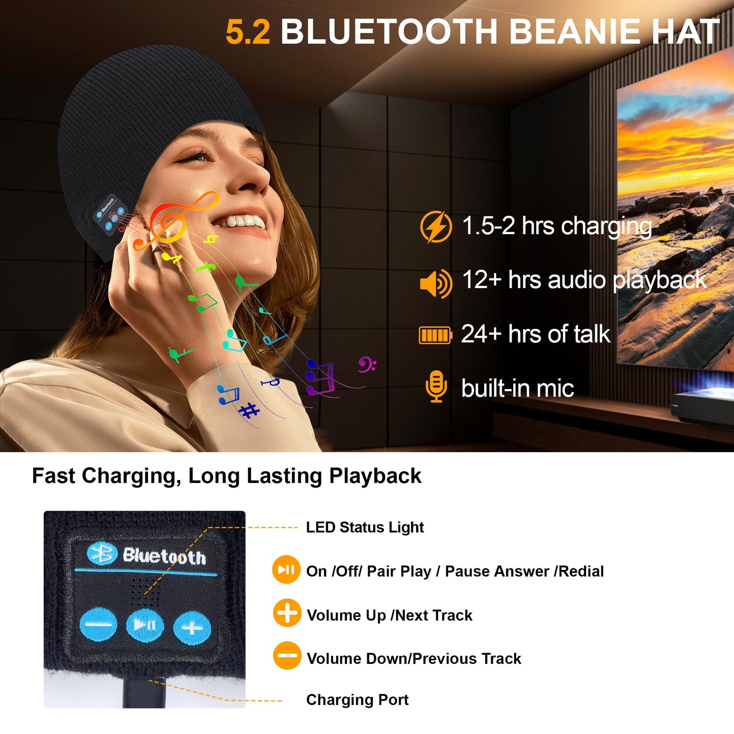 Bluetooth Beanie for Men & Women, Winter Knit Music Hat with Cordless Headphones, 24 Hour Play time, Built-in Microphone and HD Stereo Speakers, Unique Christmas Tech Gifts for Outdoor Homes Black