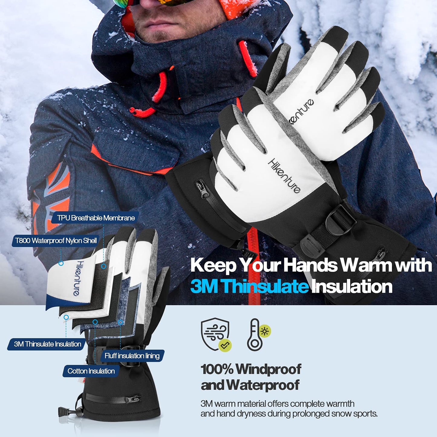 Hikenture Ski Gloves for Men Women-3M Thinsulate Snow Gloves Waterproof Insulated -Winter Snowboarding Gloves,Warm Touchscreen Snowmobile Gloves(Grey XL)