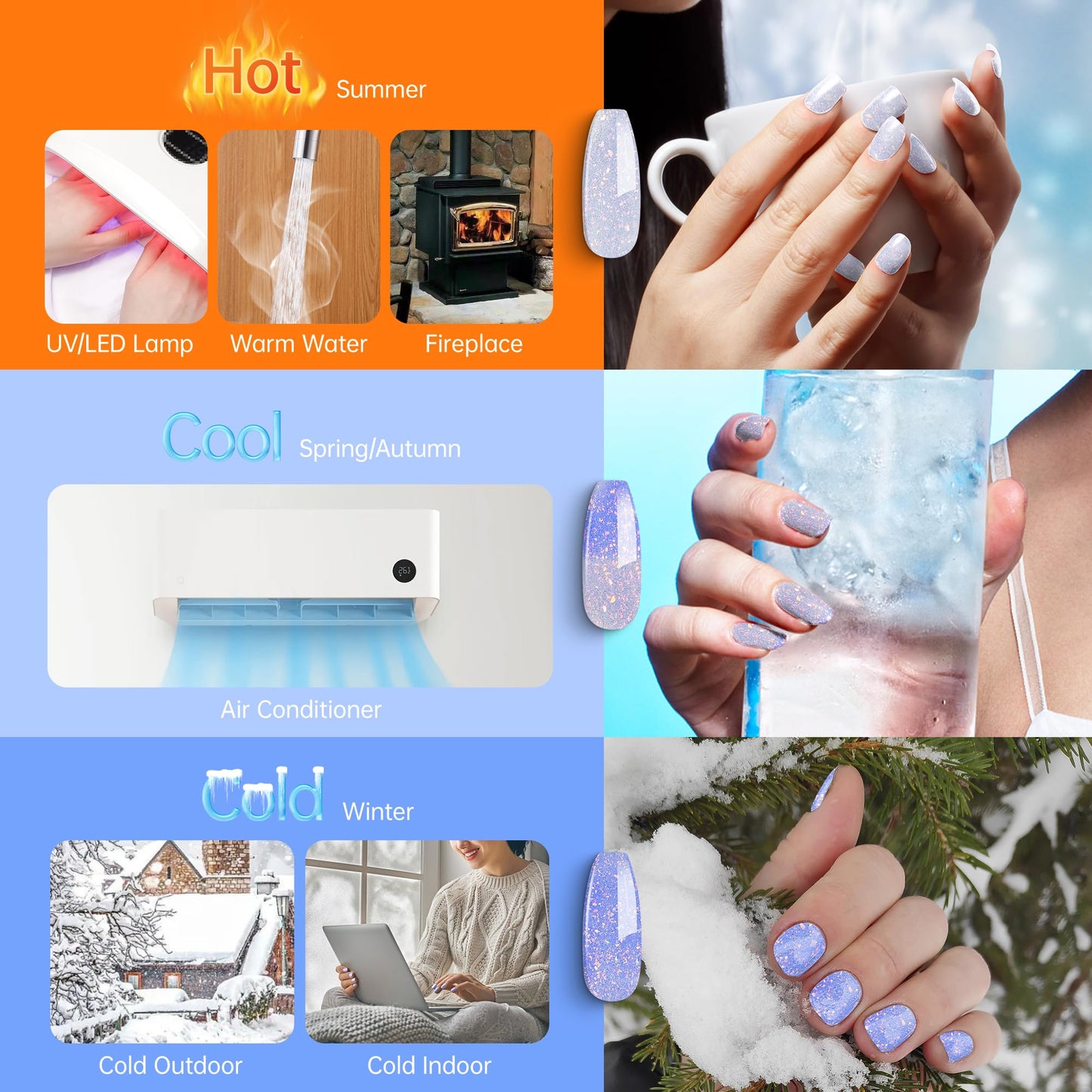 YTD Likomey Brocade Glitter Color Changing Gel Nail Polish,15ml Light Blue To Blue Shimmer Mood Temperature Change Colors Iridescent Flakes,Spring Summer Thermal Ombre UV Nail Gel,WB354