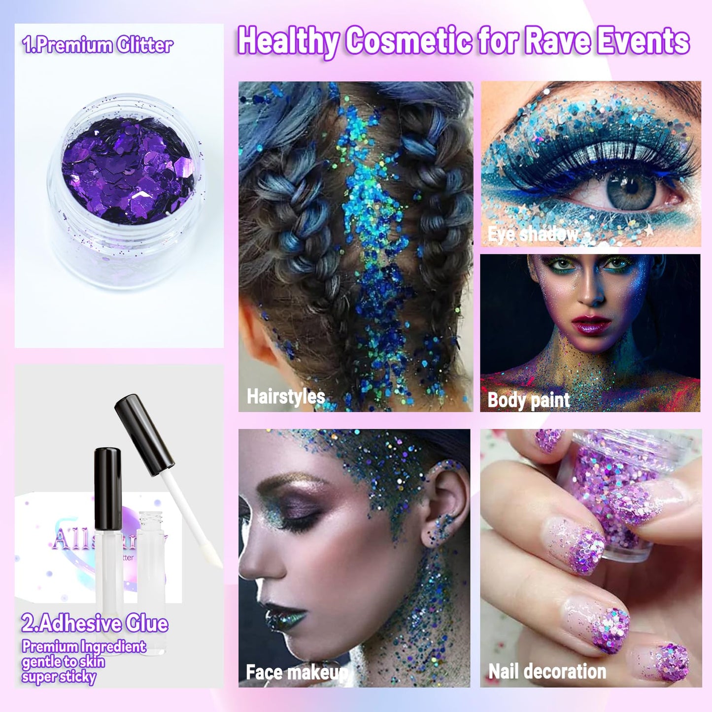 Allstarry Holographic Chunky Body Glitter 4 Colors Cosmetic Face Glitter Makeup Colorful Mermaid Sequins Hair Face Paint Sparkling Festival Outfits Rave Accessories for Women Makeup