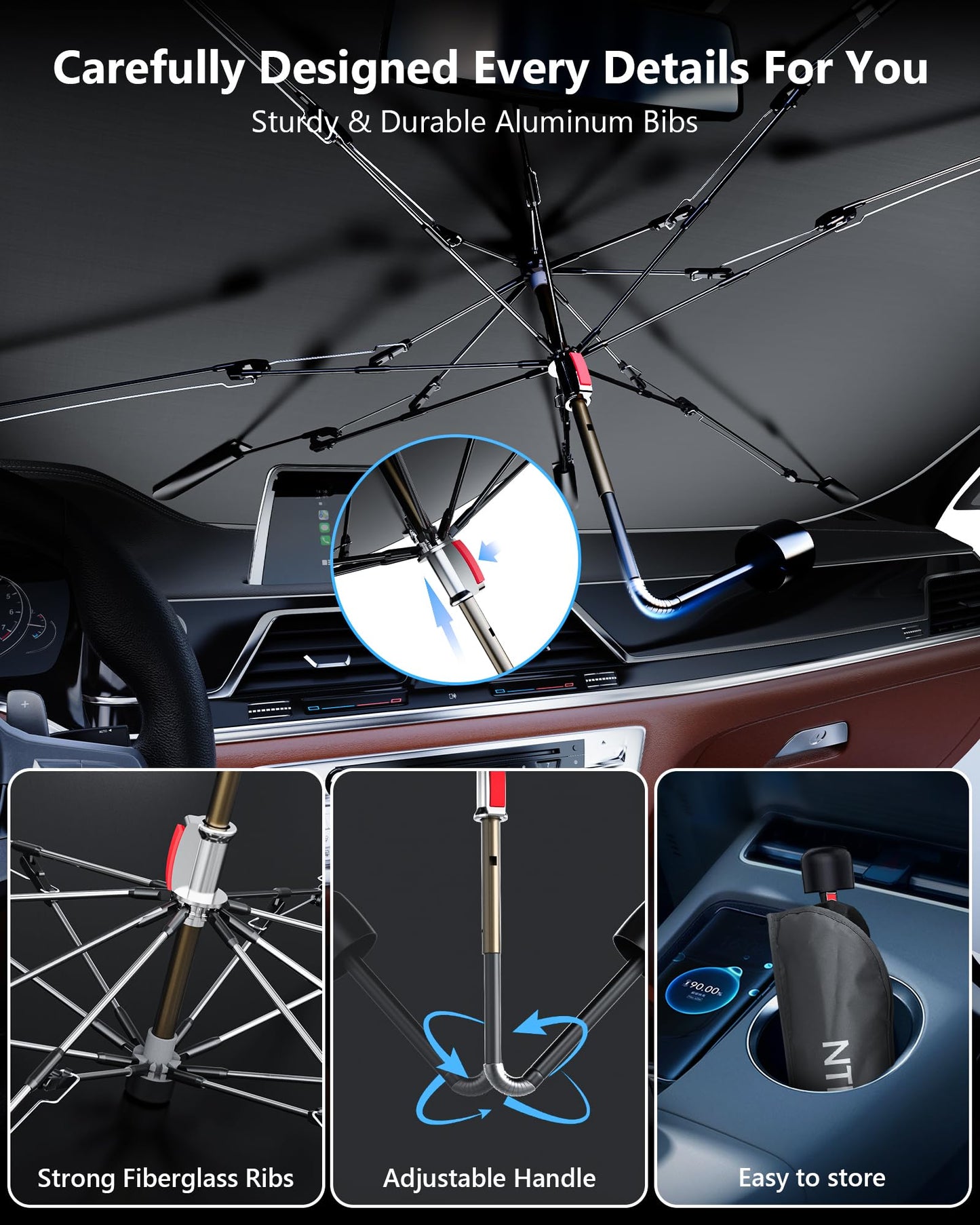 [2025 Upgrade Seamless Full Cover] Windshield Sun Shade Umbrella for Car [Nano Ice-Crystal Coating] Protect Car Interior from Sun Ray & Heat, Foldable Front Window Sunshade, Medium(57" L X 31" W)