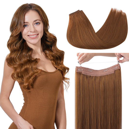 GOO GOO Wire Hair Extensions Human Hair, 350 Copper Natural 14inch 75g, Invisible Wire Hair Extensions with Transparent, Seamless Fish Line Hairpiece