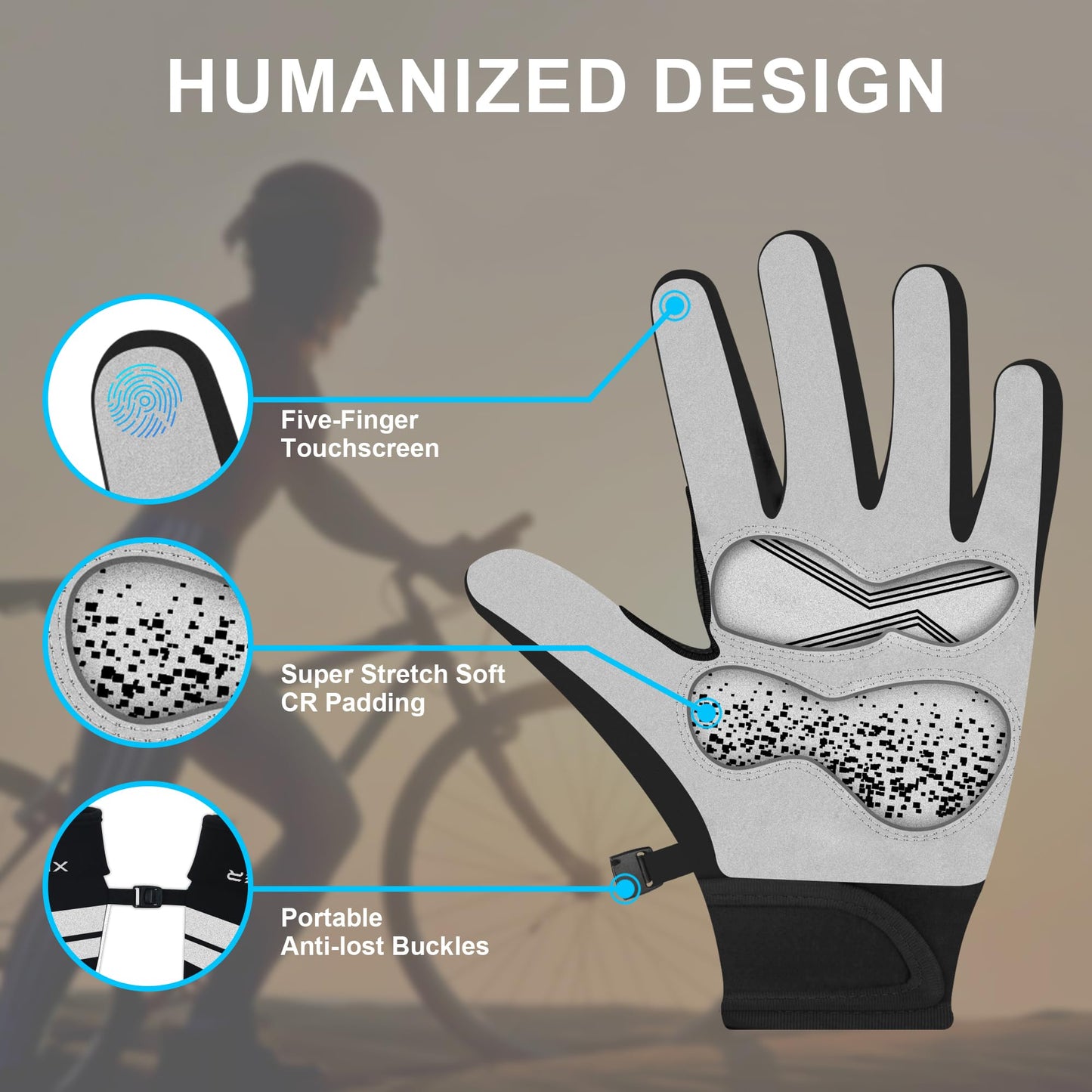 XUKER Cycling Bike Gloves for Men, 2mm Neoprene Winter Full Finger Gel Pad Touchscreen Thermal Mountain Biking Gloves for BMX ATV MTB Riding, Road Racing, Bicycle, Climbing, Boating